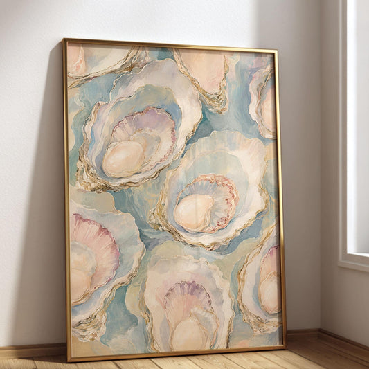 Oyster Wall Art, Pastel Oyster Painting Print, Coastal Wall Art, Pearl Oyster Art, Beach House Decor, Seashell Art Print, FRAMED or UNFRAMED