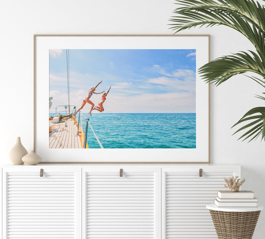 Vibrant Coastal Print Digital Download, Colorful Beach Wall Art, Boho Coastal Photography, Summer Ocean Poster, Girls Jumping Print