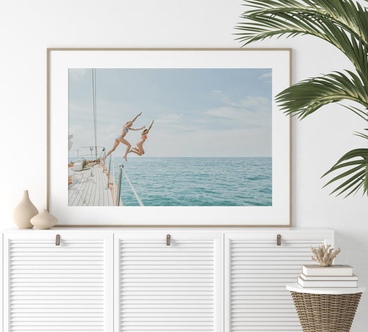 Coastal Print FRAMED or UNFRAMED, Pastel Beach Wall Art, Boho Coastal Photography, Summer Ocean Poster, Girls Jumping Art Print