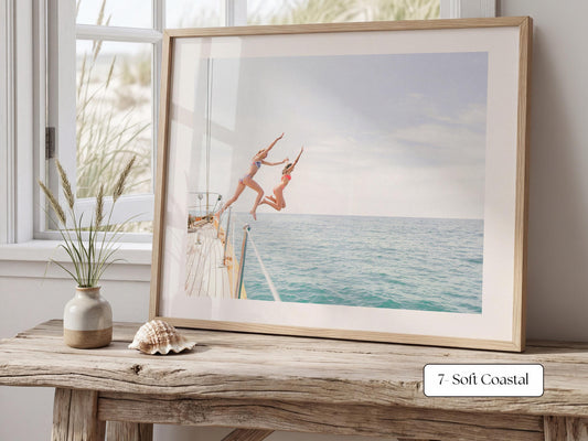Soft Coastal Print FRAMED or UNFRAMED, Pastel Beach Wall Art, Girls Jumping Art, Coastal Ocean Poster, Girls Jumping Art Print