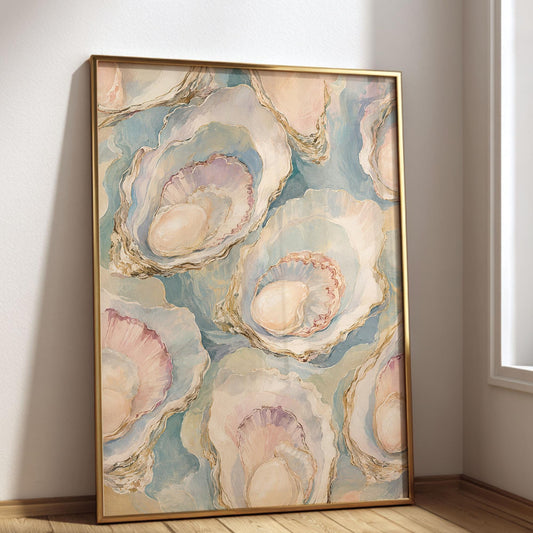 Oyster Wall Art, Pastel Oyster Painting Print, Coastal Wall Art, Pearl Oyster Art, Beach House Decor, Seashell Art Print, FRAMED or UNFRAMED