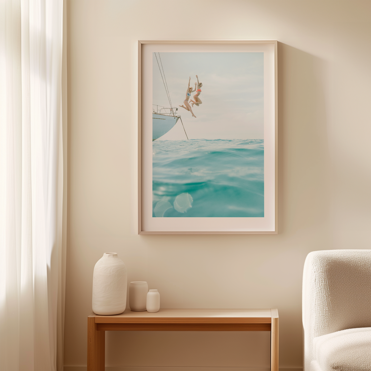 Vertical Coastal Print FRAMED or UNFRAMED, Pastel Beach Wall Art, Boho Coastal Photography, Summer Ocean Poster, Girls Jumping Art Print