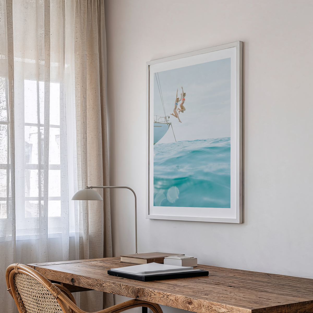 Vertical Coastal Print FRAMED or UNFRAMED, Pastel Beach Wall Art, Boho Coastal Photography, Summer Ocean Poster, Girls Jumping Art Print