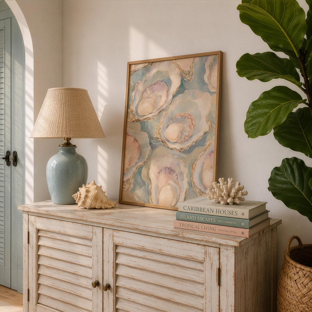 Oyster Wall Art, Pastel Oyster Painting Print, Coastal Wall Art, Pearl Oyster Art, Beach House Decor, Seashell Art Print, FRAMED or UNFRAMED