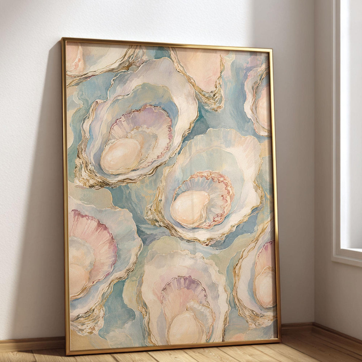 Oyster Wall Art, Pastel Oyster Painting Print, Coastal Wall Art, Pearl Oyster Art, Beach House Decor, Seashell Art Print, FRAMED or UNFRAMED