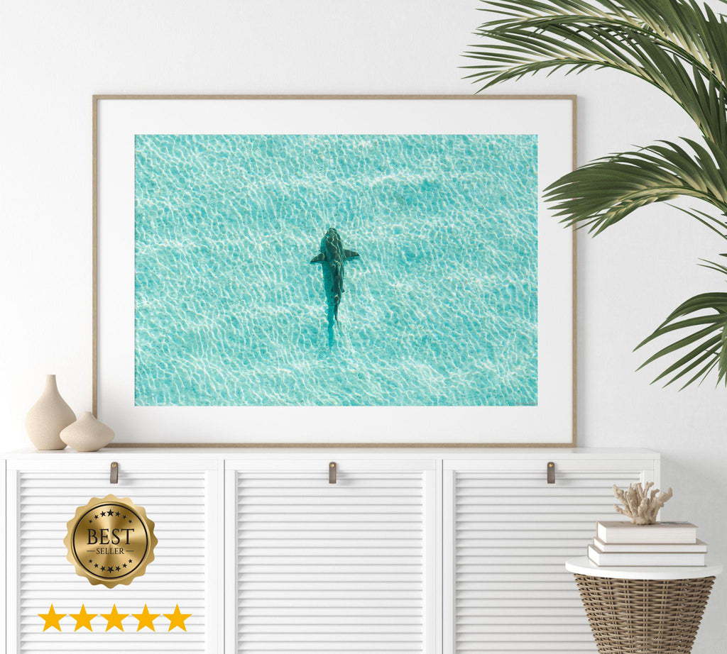 Ocean Coastal Wall Art, FRAMED or UNFRAMED Coastal Decor, Shark Art Print, Ocean Art Print, Shark Art, Shark Gifts, Large Blue Wall Art