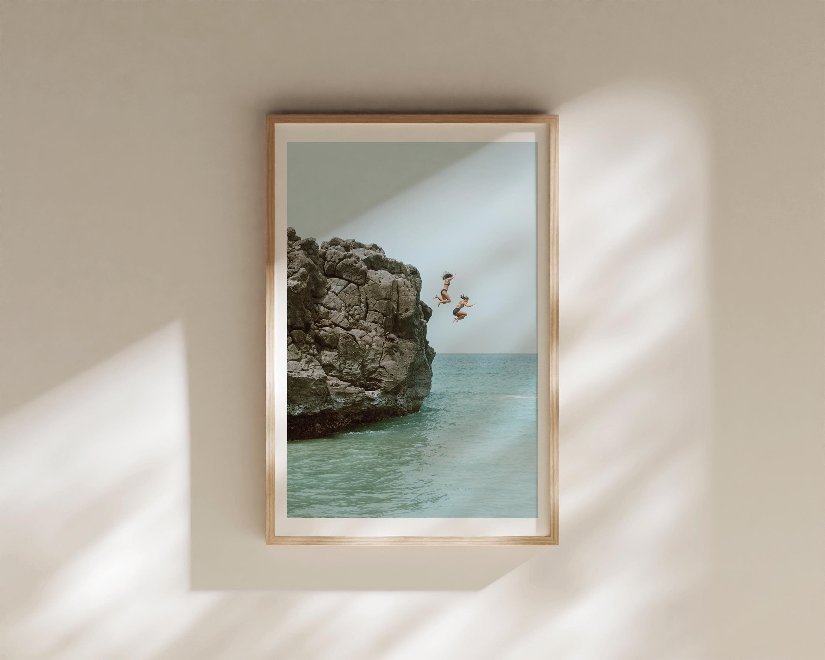 Cliff Jumping Print, Adventure Wall Art, Pastel Beach Wall Art, Boho Coastal Photography, Summer Ocean Digital Poster, Digital Download