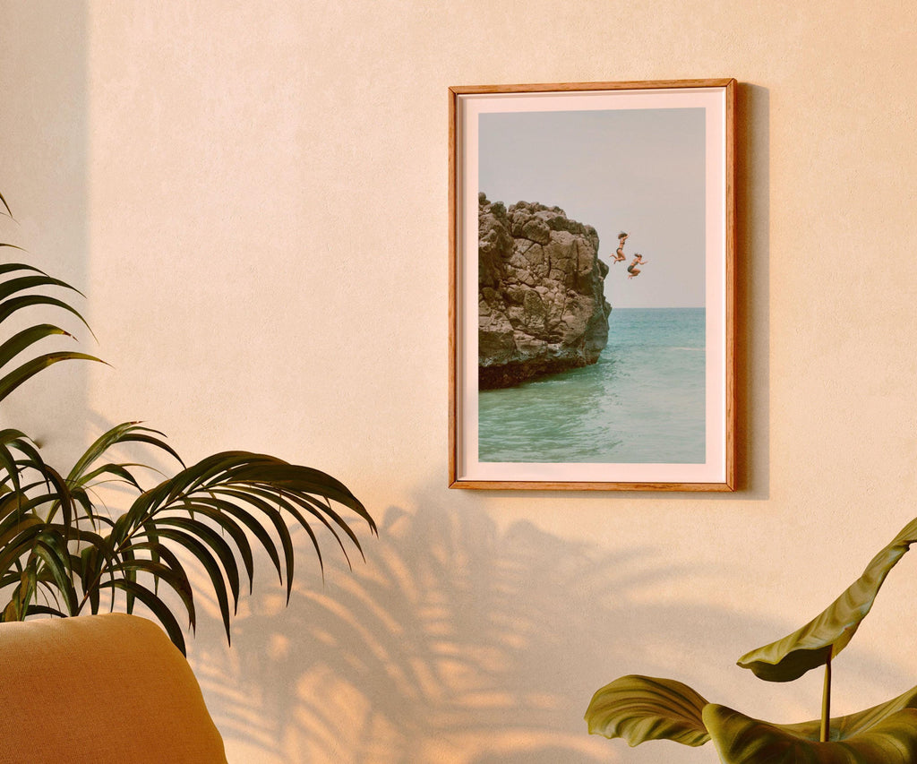 Cliff Jumping Print, Adventure Wall Art, Pastel Beach Wall Art, Boho Coastal Photography, Summer Ocean Digital Poster, Printable Wall Art