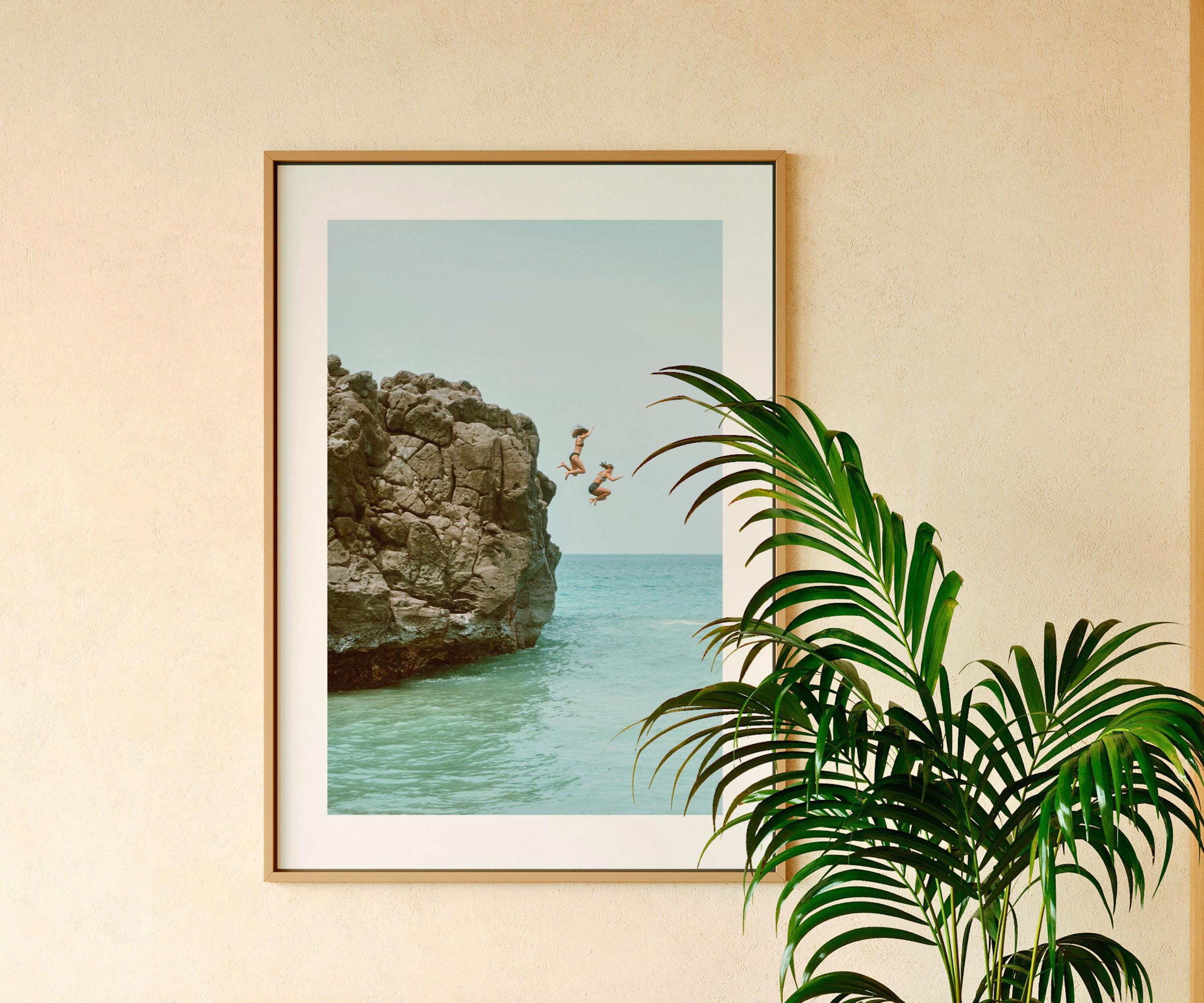 Cliff Jumping Print, Adventure Wall Art, Pastel Beach Wall Art, Boho Coastal Photography, Summer Ocean Digital Poster, Printable Wall Art