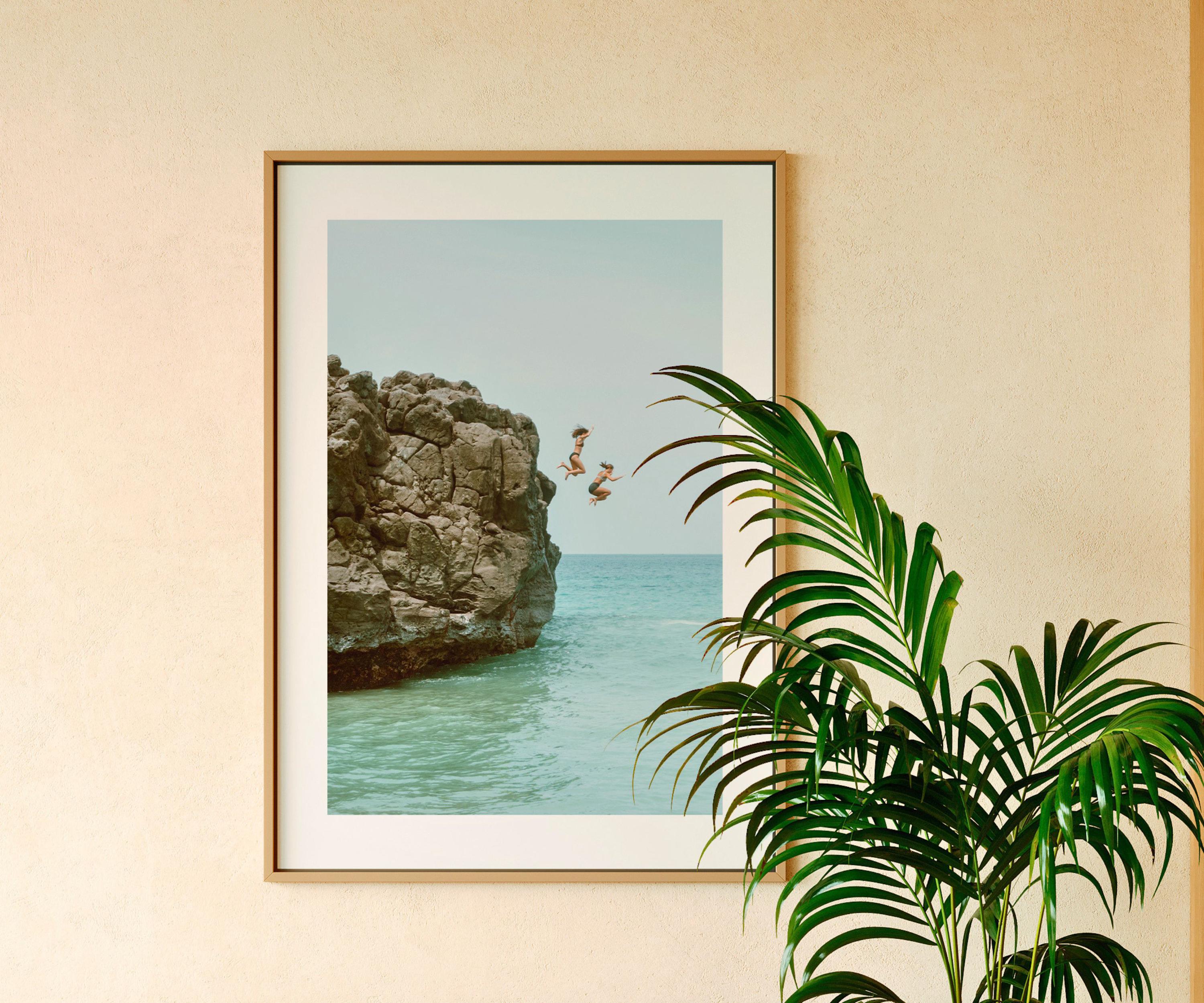 Cliff Jumping Print, Adventure Wall Art, Pastel Beach Wall Art, Boho Coastal Photography, Summer Ocean Digital Poster, Digital Download