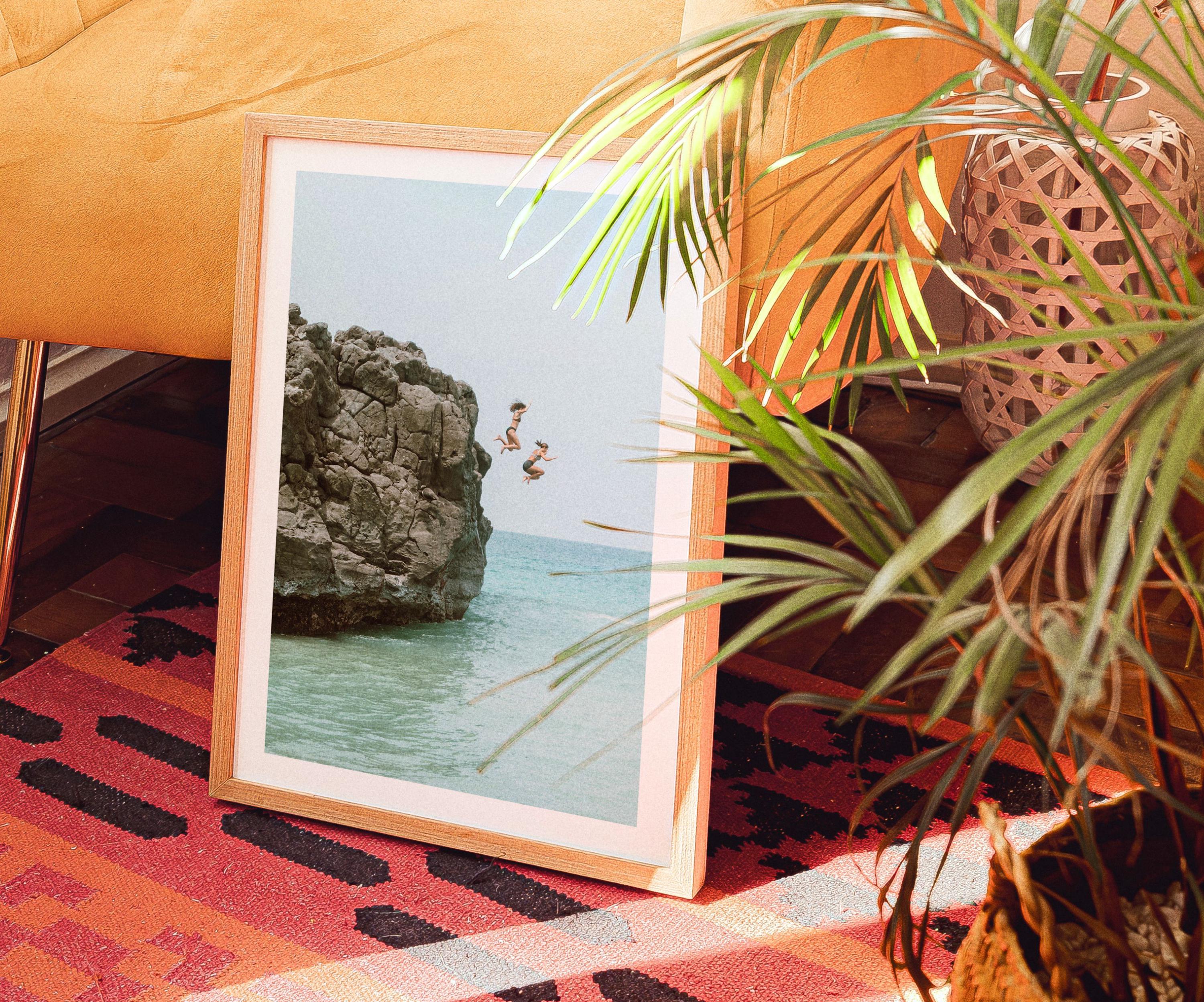 Cliff Jumping Print, Adventure Wall Art, Pastel Beach Wall Art, Boho Coastal Photography, Summer Ocean Digital Poster, Digital Download