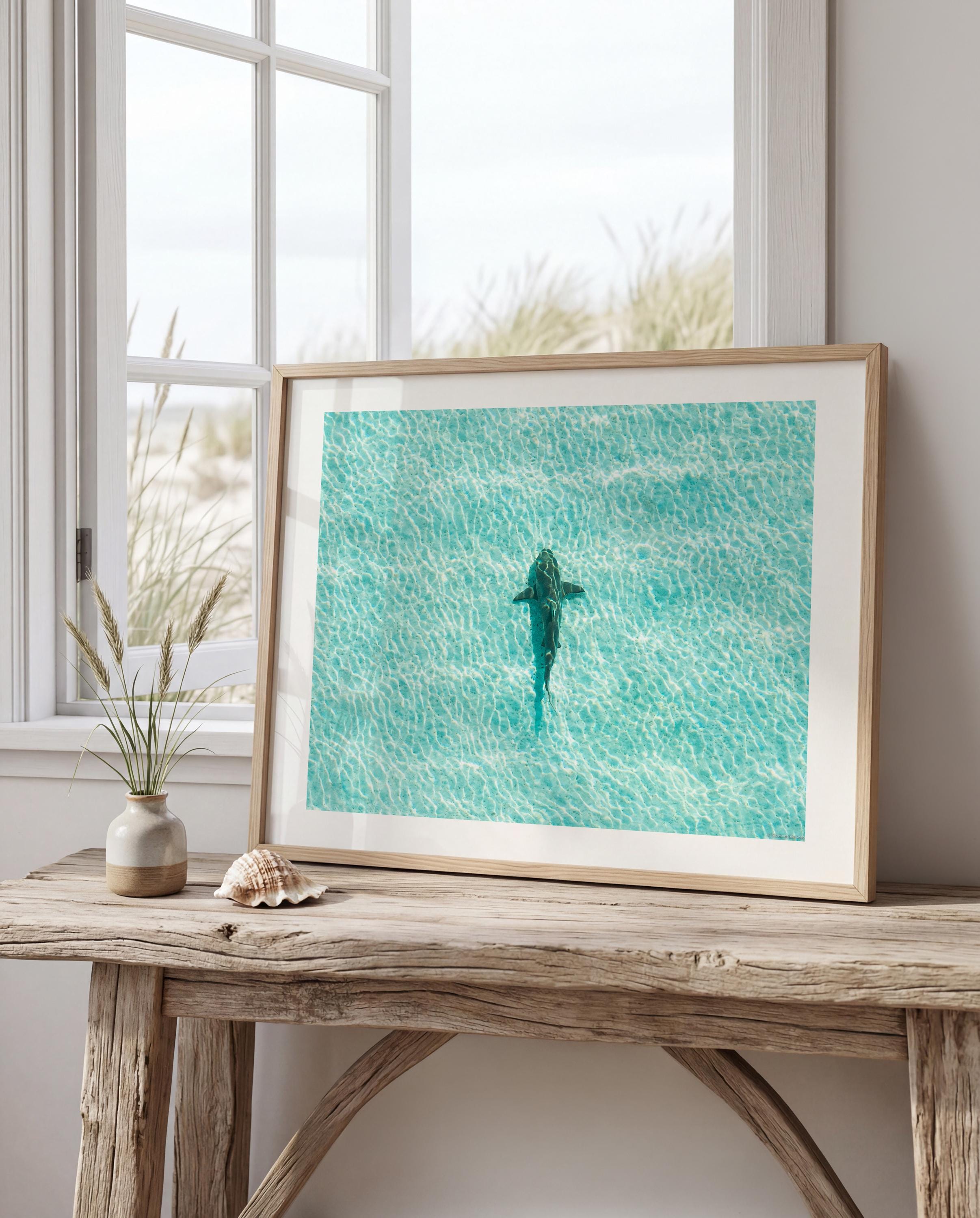 Ocean Coastal Wall Art, FRAMED or UNFRAMED Coastal Decor, Shark Art Print, Ocean Art Print, Shark Art, Shark Gifts, Large Blue Wall Art