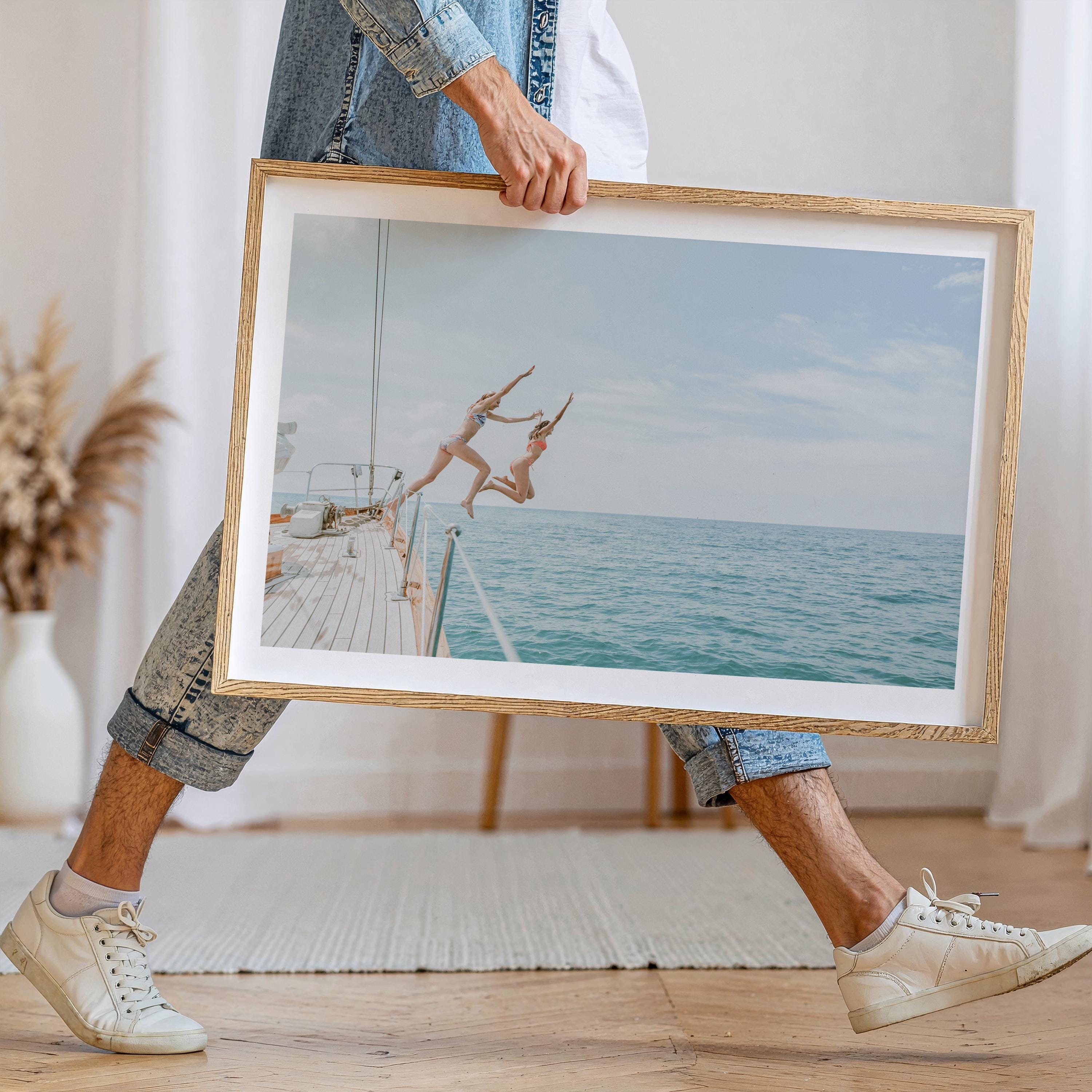 Coastal Print Digital Download, Pastel Beach Wall Art, Boho Coastal Photography, Summer Ocean Poster, Girls Jumping Art, Instant Download