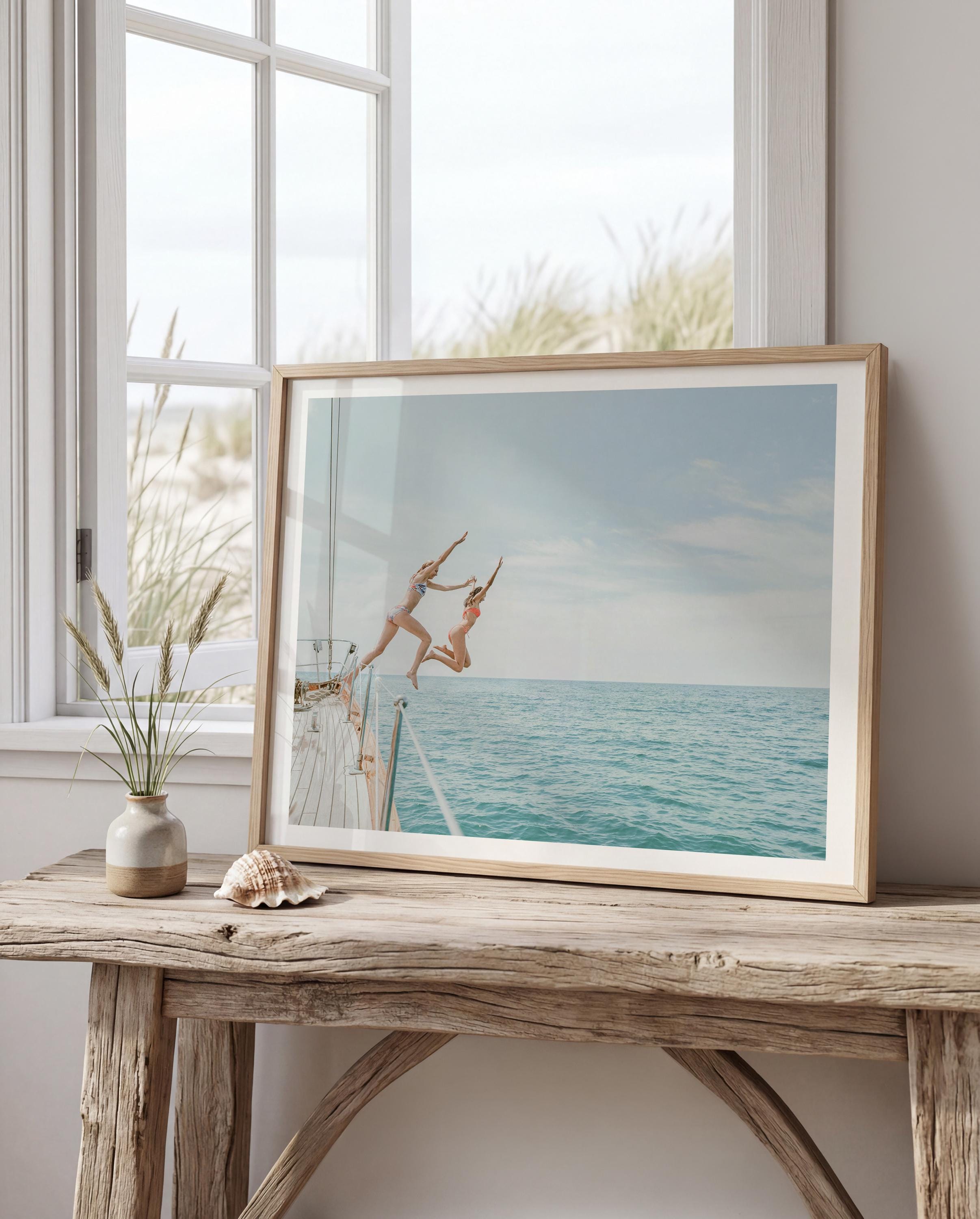 Coastal Print Digital Download, Pastel Beach Wall Art, Boho Coastal Photography, Summer Ocean Poster, Girls Jumping Art, Instant Download