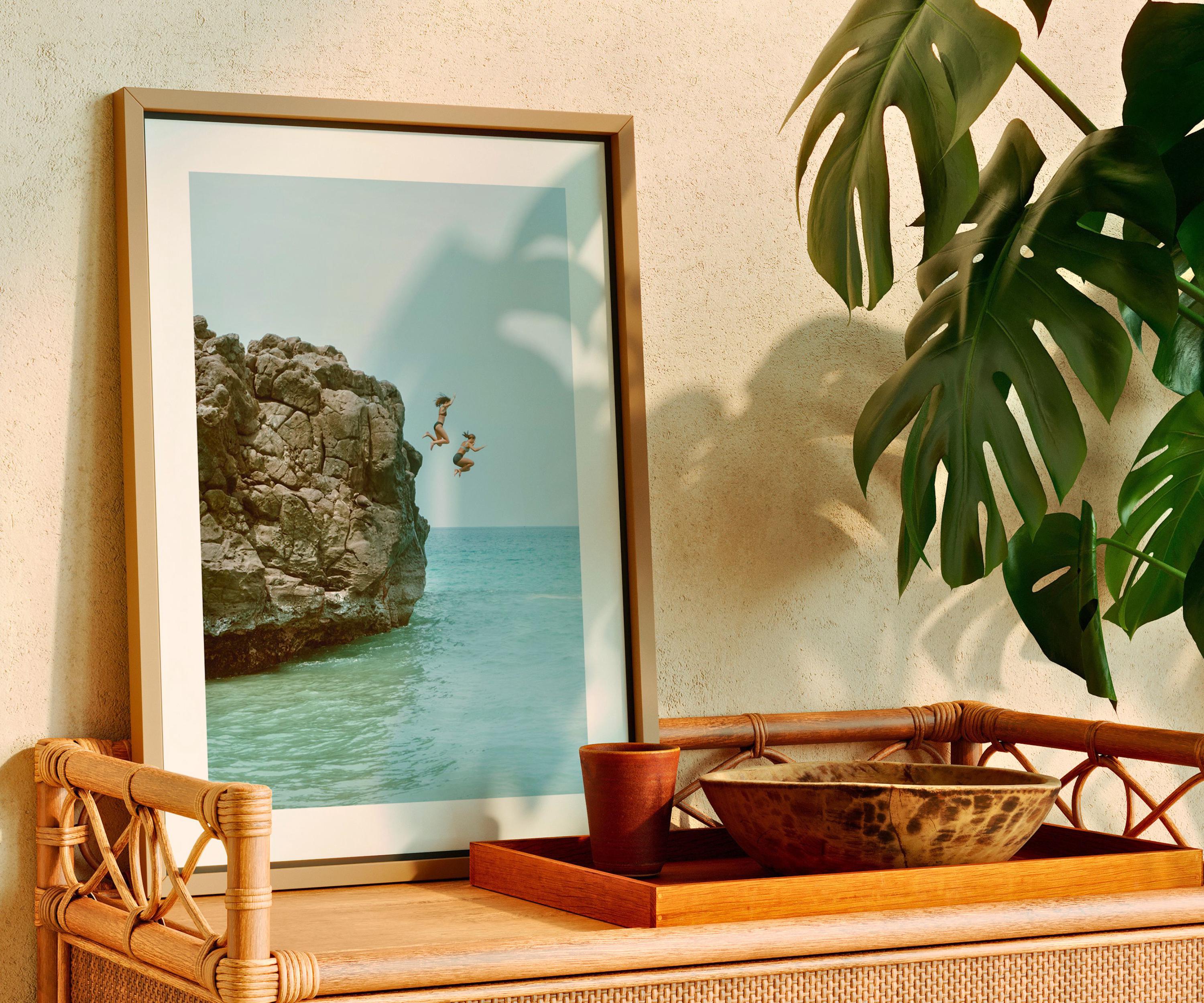 Cliff Jumping Print, Adventure Wall Art, Pastel Beach Wall Art, Boho Coastal Photography, Summer Ocean Digital Poster, Digital Download
