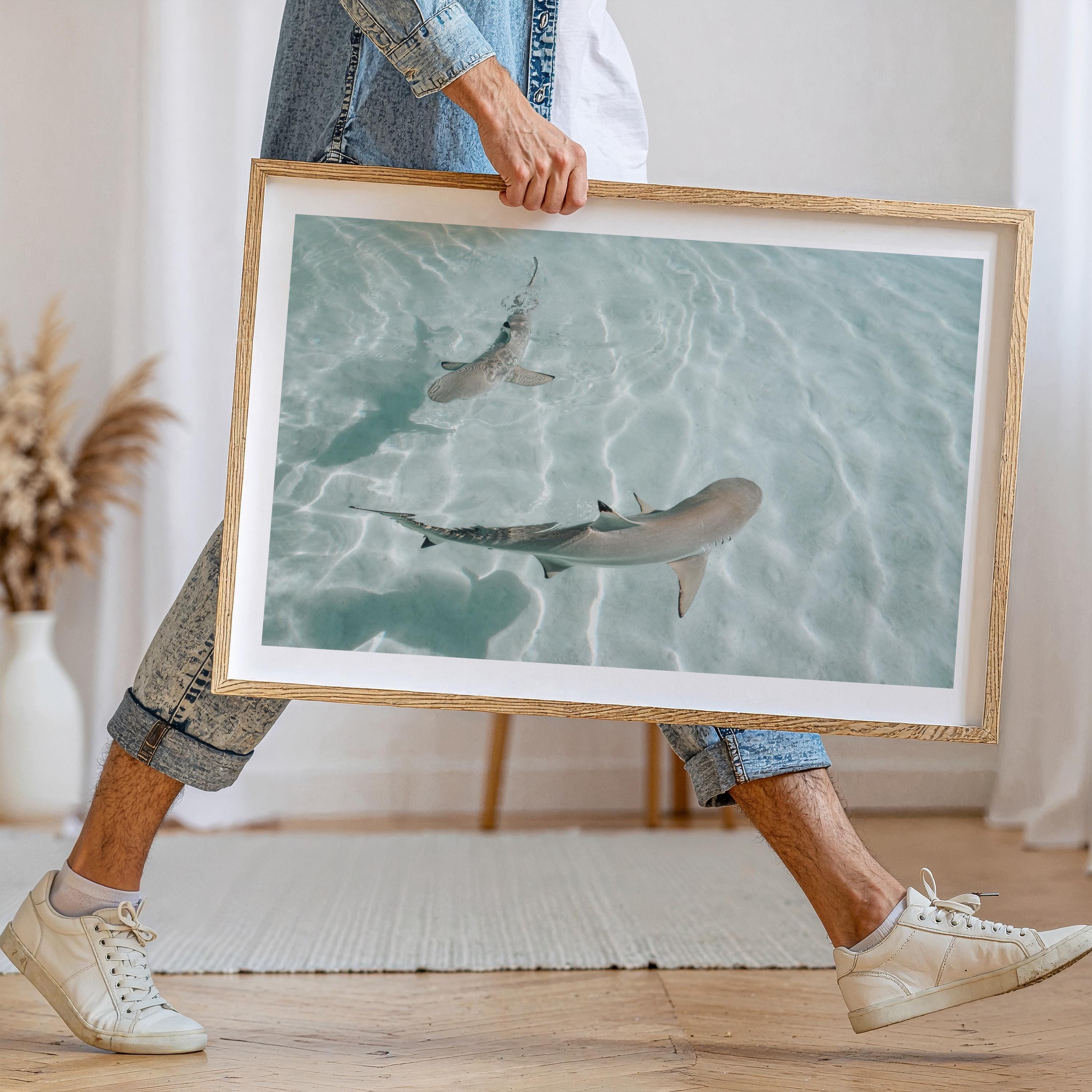 Minimalist Coastal Wall Art, Shark Ocean Photography Print, Neutral Beach Decor, Tropical Tahiti Printable, Coastal Bathroom Decor