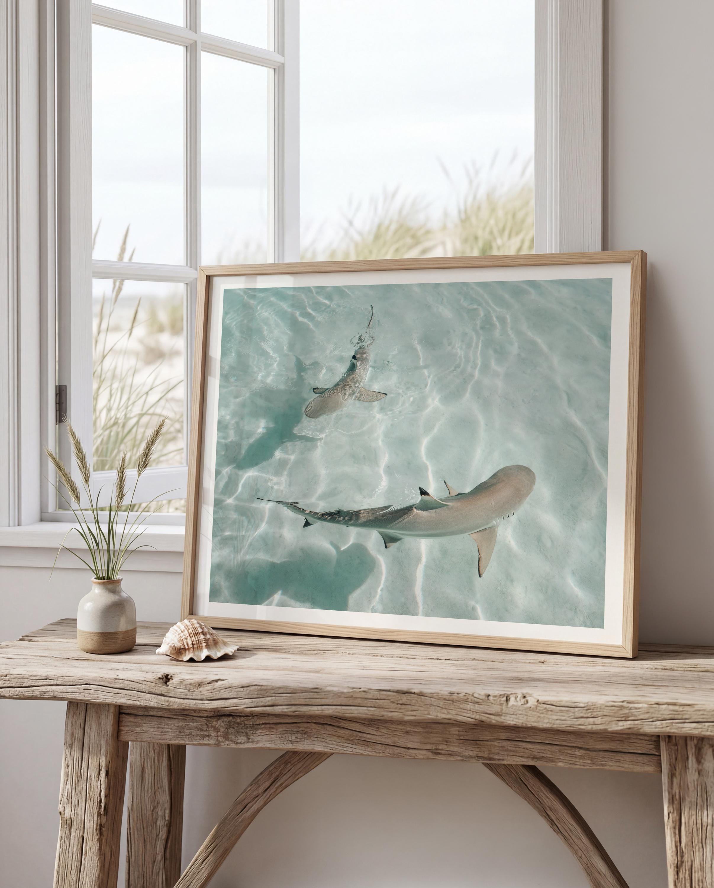 Minimalist Coastal Wall Art, Shark Ocean Photography Print, Neutral Beach Decor, Tropical Tahiti Printable, Coastal Bathroom Decor