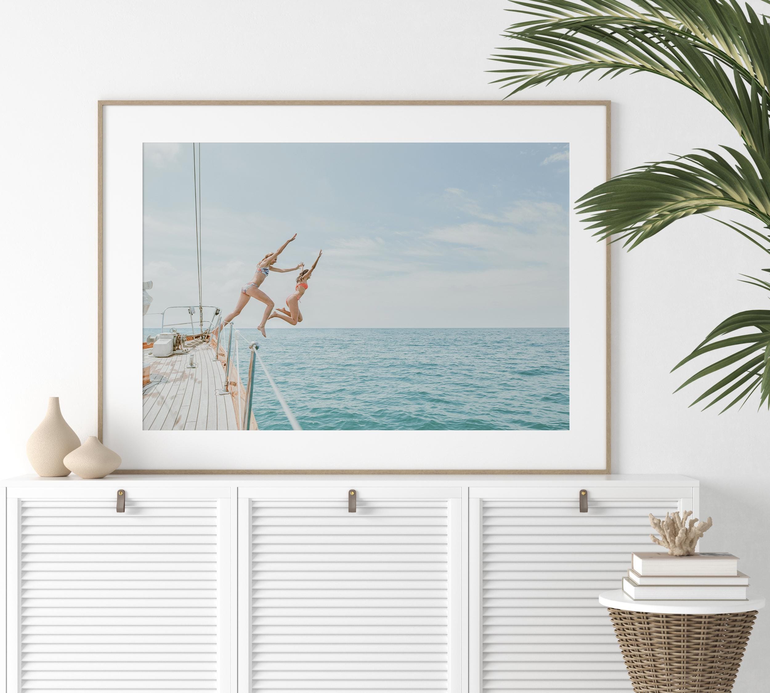 Coastal Print Digital Download, Pastel Beach Wall Art, Boho Coastal Photography, Summer Ocean Poster, Girls Jumping Art, Instant Download