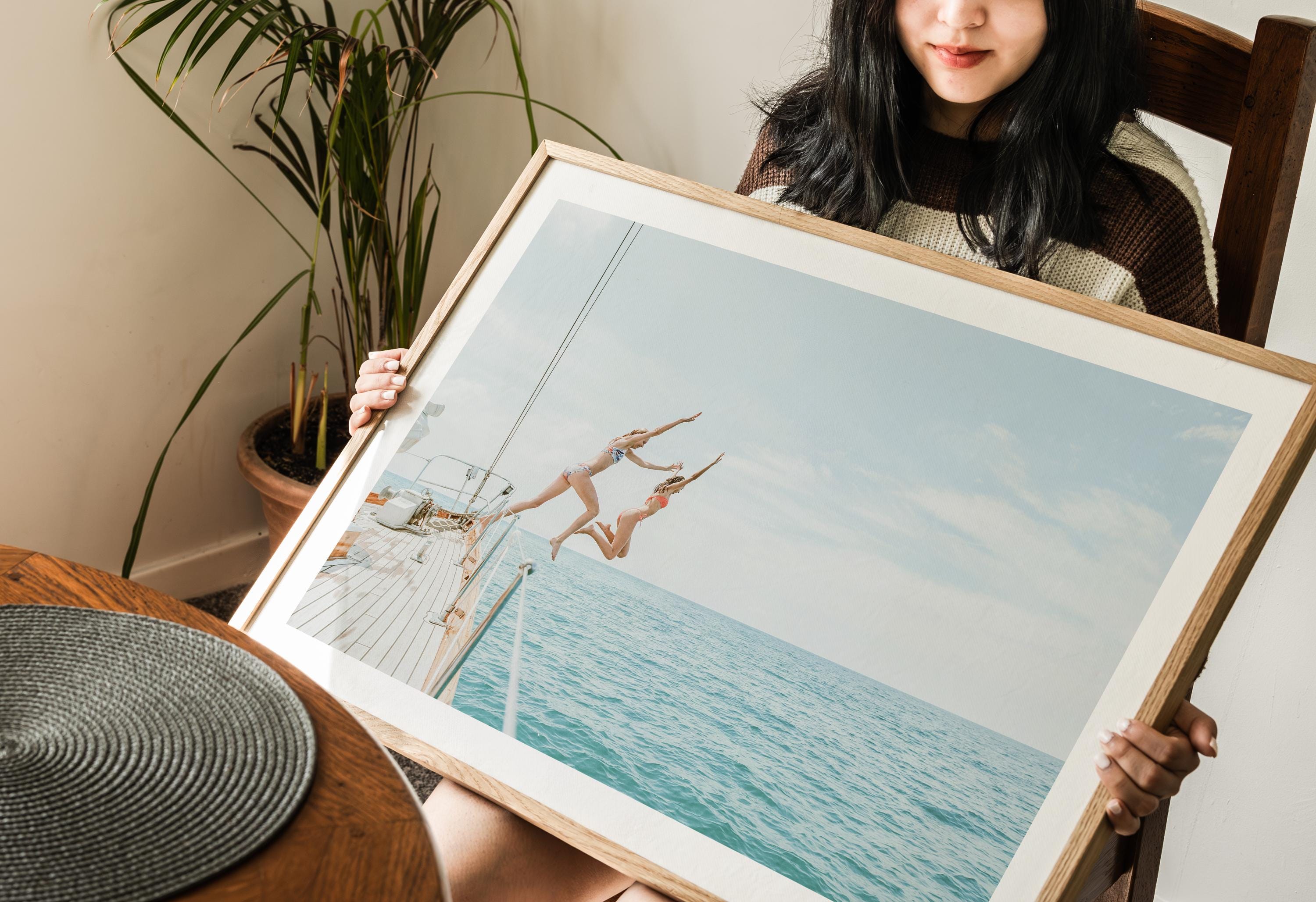Coastal Print Digital Download, Pastel Beach Wall Art, Boho Coastal Photography, Summer Ocean Poster, Girls Jumping Art, Instant Download