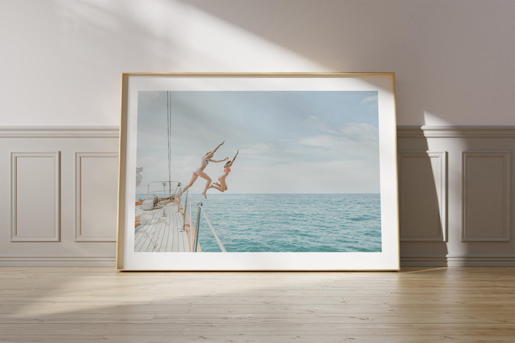 Coastal Print Digital Download, Pastel Beach Wall Art, Boho Coastal Photography, Summer Ocean Poster, Girls Jumping Art, Instant Download