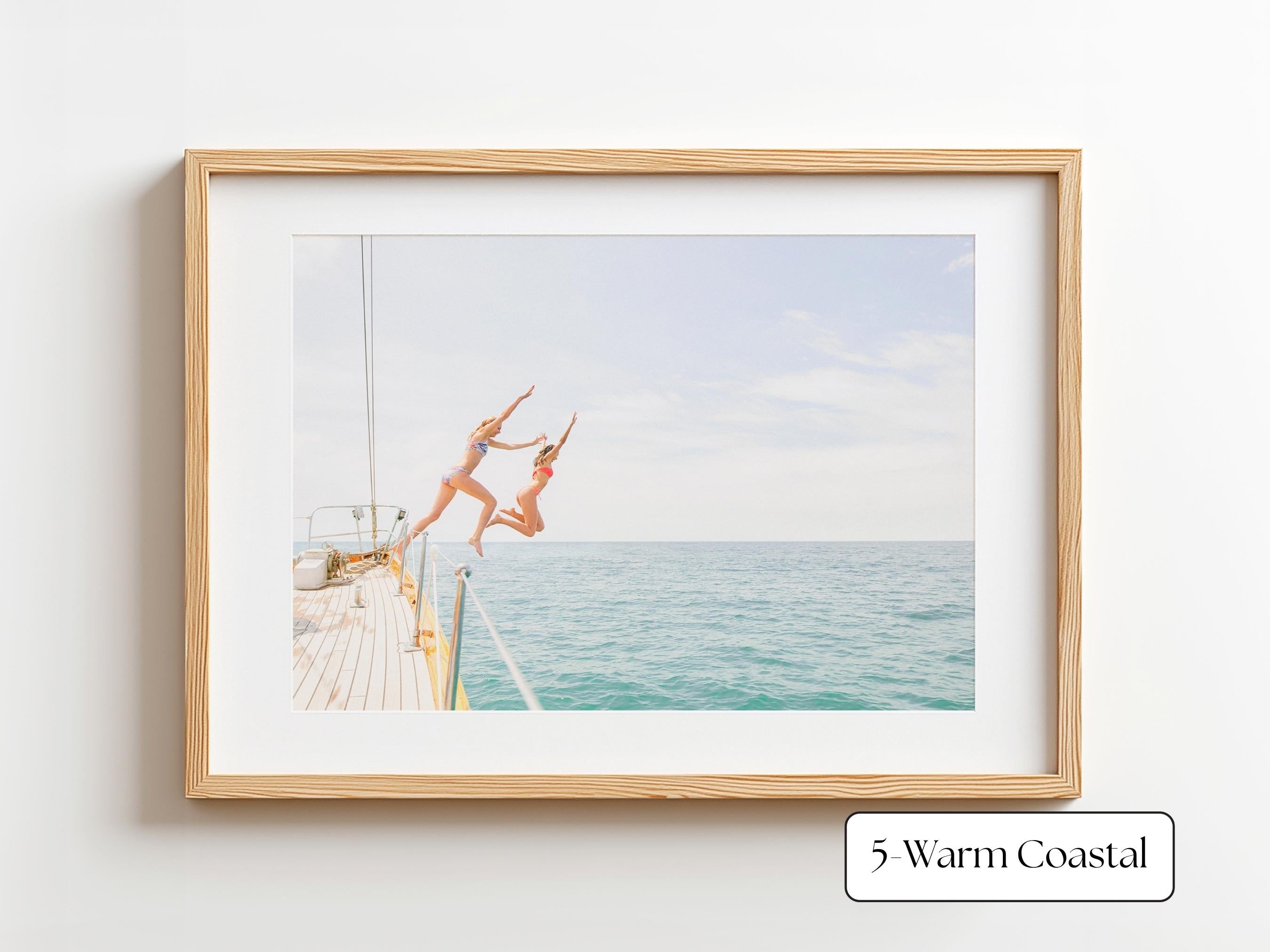 Blue Coastal Print FRAMED or UNFRAMED, Light Pastel Beach Wall Art, Boho Coastal Photography, Summer Ocean Poster, Girls Jumping Art Print