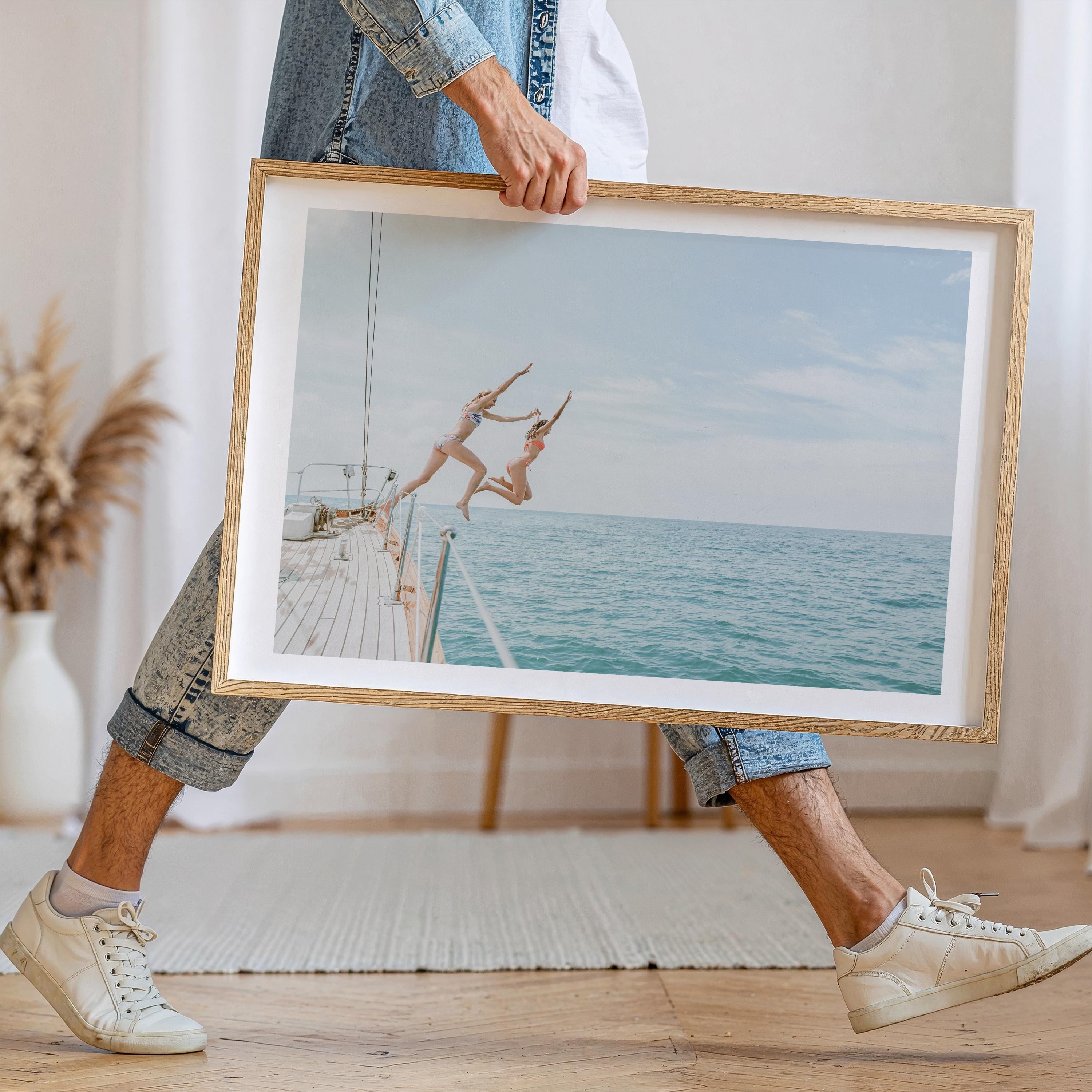 Coastal Print FRAMED or UNFRAMED, Pastel Beach Wall Art, Boho Coastal Photography, Summer Ocean Poster, Girls Jumping Art Print
