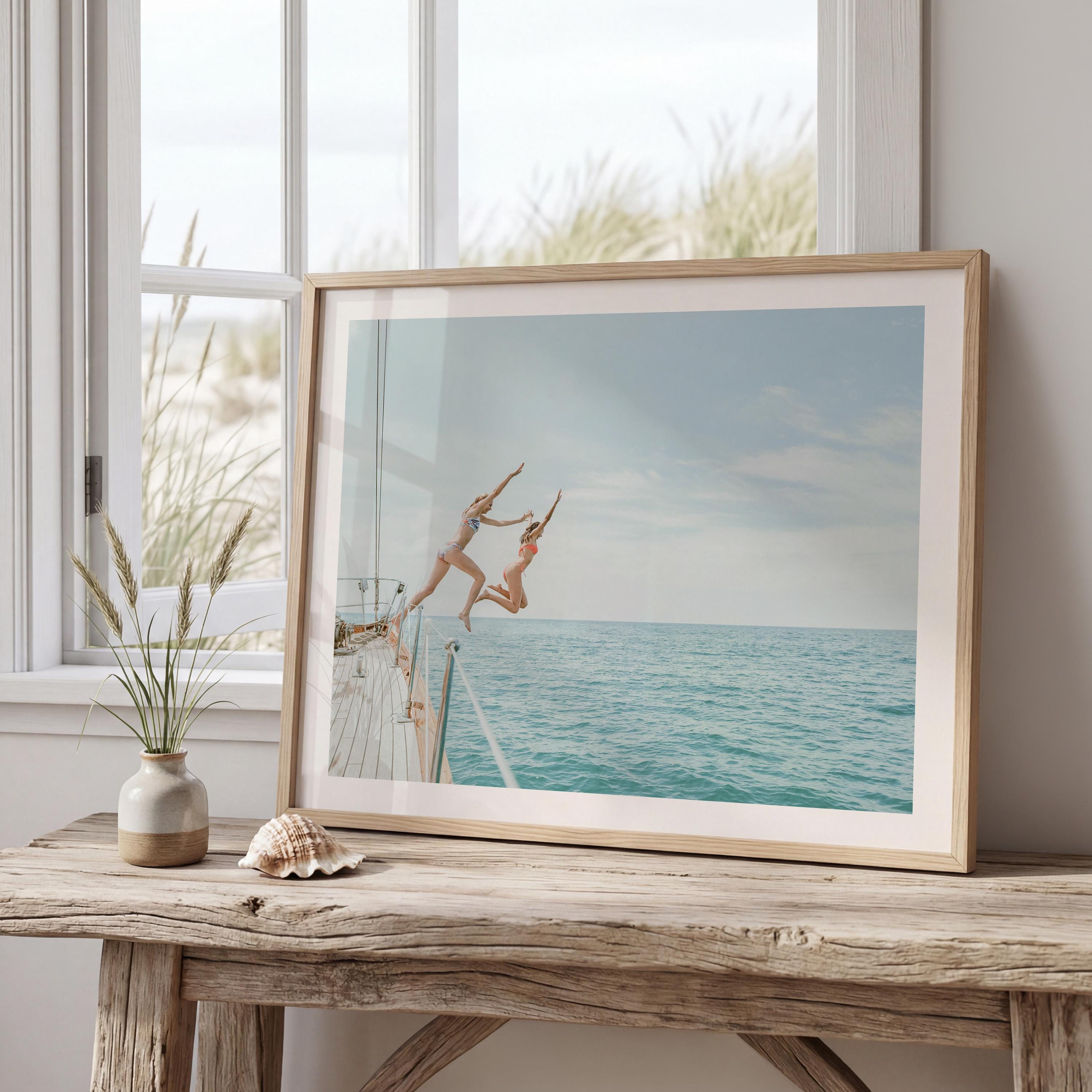 Coastal Print FRAMED or UNFRAMED, Pastel Beach Wall Art, Boho Coastal Photography, Summer Ocean Poster, Girls Jumping Art Print
