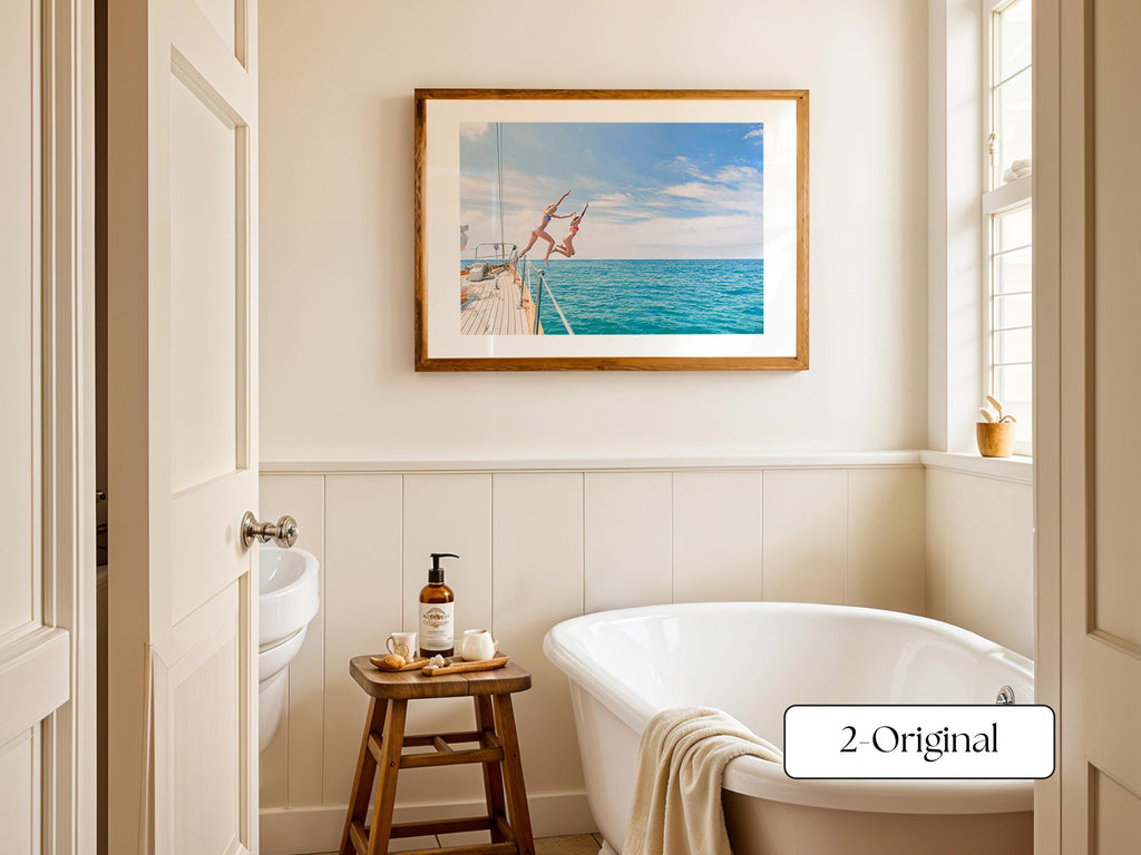 Coastal Print FRAMED or UNFRAMED, Vibrant Beach Wall Art, Boho Coastal Photography, Summer Ocean Poster, Girls Jumping Art Print