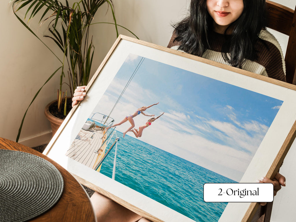 Coastal Print FRAMED or UNFRAMED, Vibrant Beach Wall Art, Boho Coastal Photography, Summer Ocean Poster, Girls Jumping Art Print