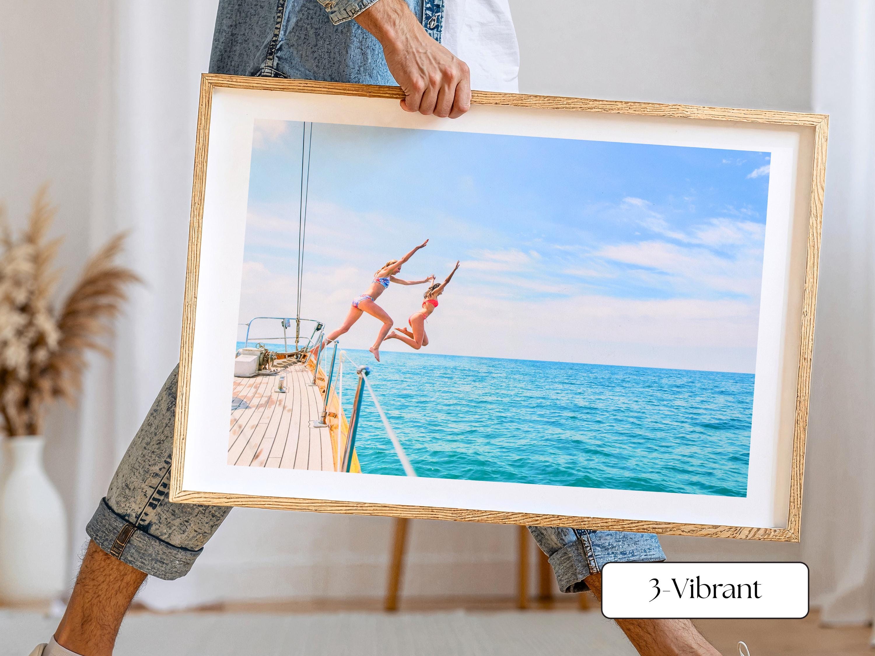 Blue Coastal Print FRAMED or UNFRAMED, Vibrant Beach Wall Art, Boho Coastal Photography, Summer Ocean Poster, Girls Jumping Art Print
