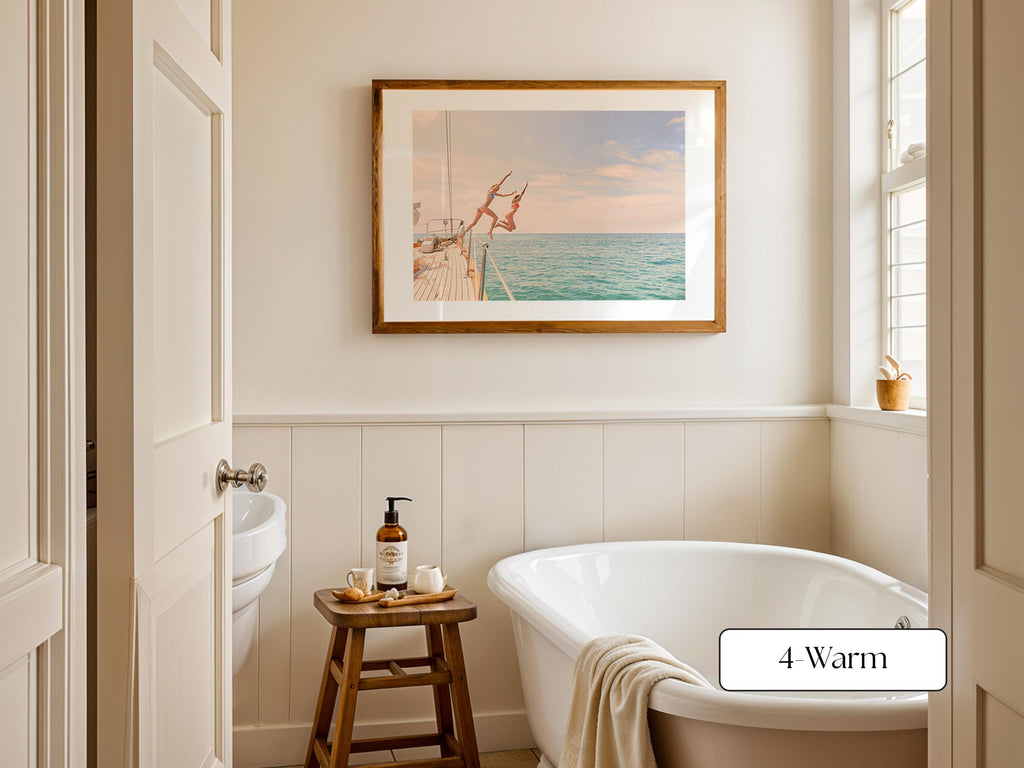 Warm Coastal Print FRAMED or UNFRAMED, Pastel Beach Wall Art, Boho Coastal Photography, Summer Ocean Poster, Girls Jumping Art Print