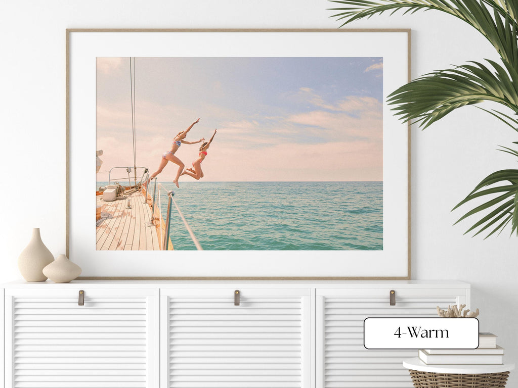 Warm Coastal Print FRAMED or UNFRAMED, Pastel Beach Wall Art, Boho Coastal Photography, Summer Ocean Poster, Girls Jumping Art Print