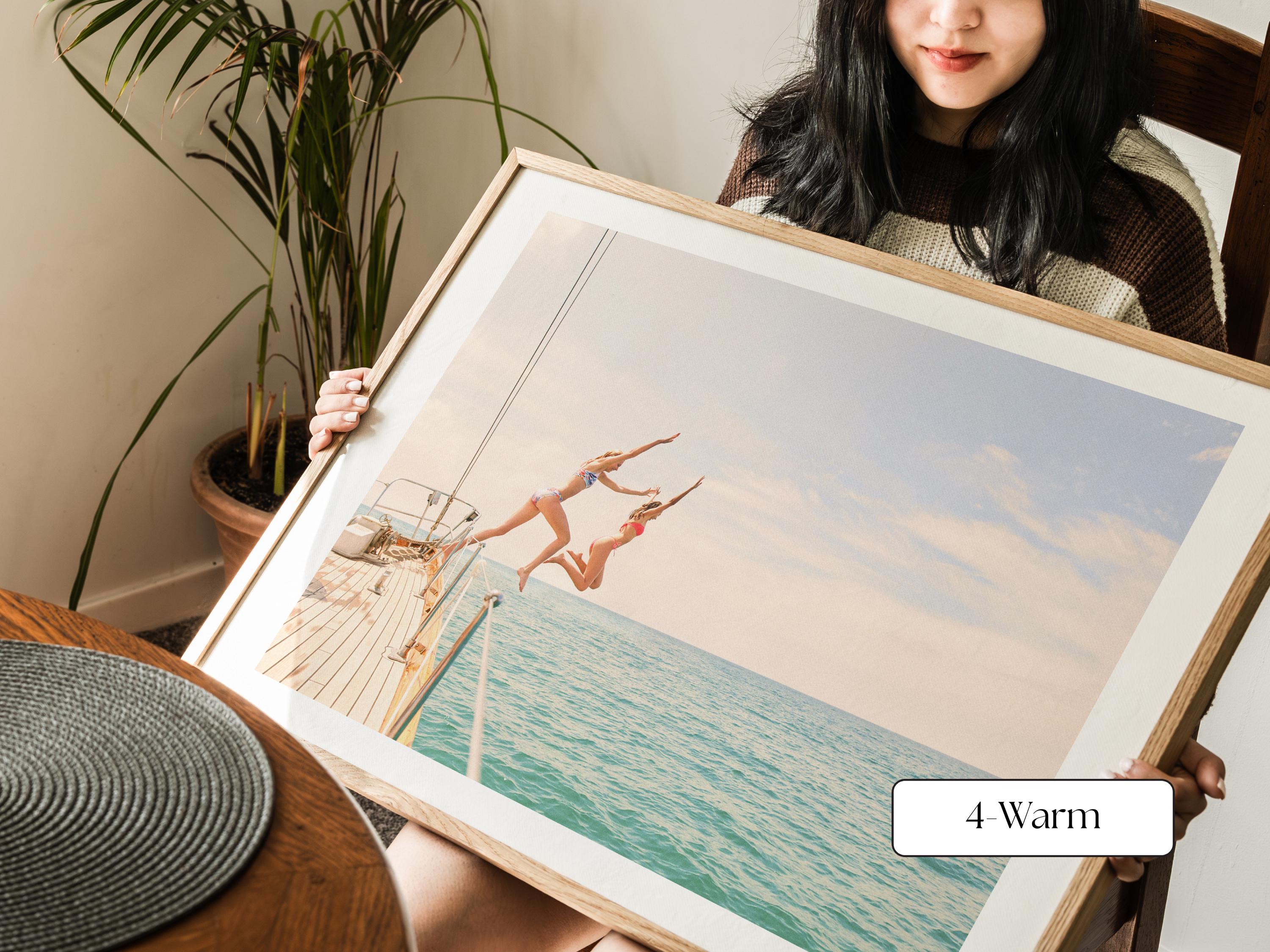Warm Coastal Print FRAMED or UNFRAMED, Pastel Beach Wall Art, Boho Coastal Photography, Summer Ocean Poster, Girls Jumping Art Print