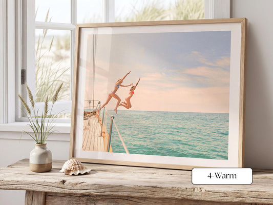 Warm Coastal Print FRAMED or UNFRAMED, Pastel Beach Wall Art, Boho Coastal Photography, Summer Ocean Poster, Girls Jumping Art Print