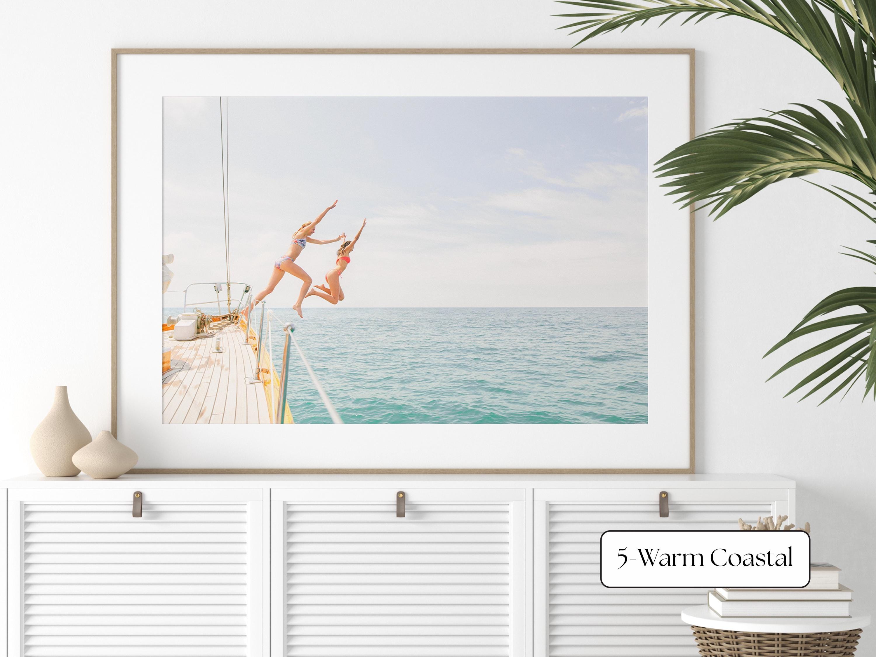 Blue Coastal Print FRAMED or UNFRAMED, Light Pastel Beach Wall Art, Boho Coastal Photography, Summer Ocean Poster, Girls Jumping Art Print