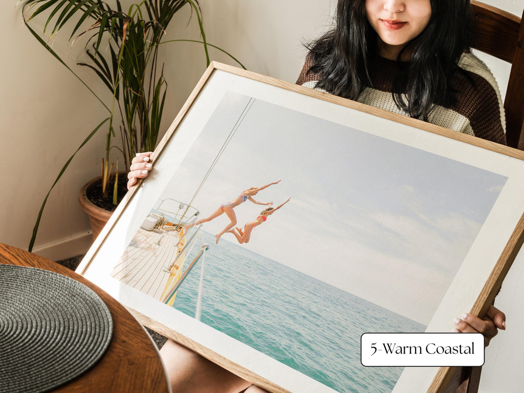 Blue Coastal Print FRAMED or UNFRAMED, Light Pastel Beach Wall Art, Boho Coastal Photography, Summer Ocean Poster, Girls Jumping Art Print