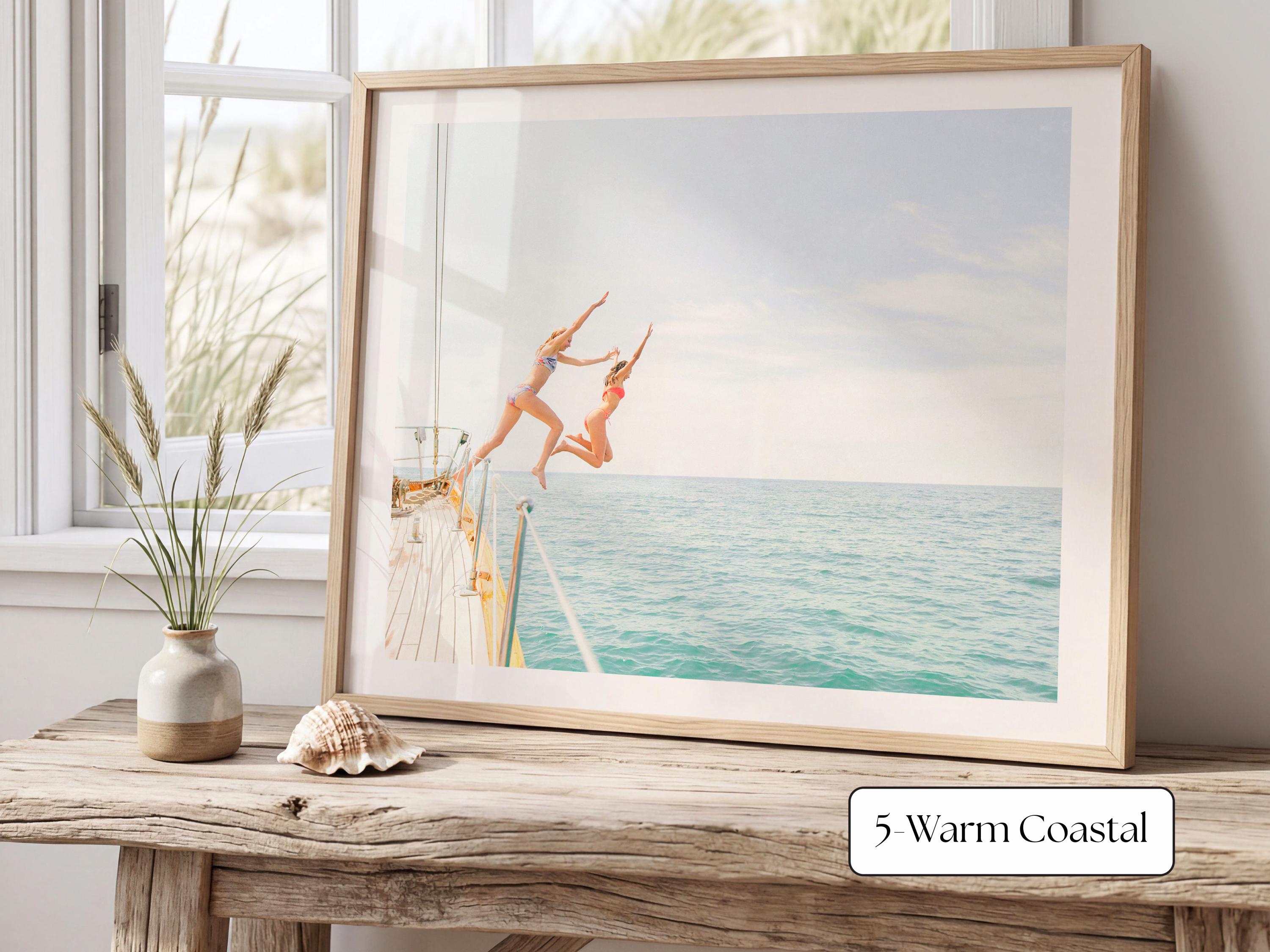 Blue Coastal Print FRAMED or UNFRAMED, Light Pastel Beach Wall Art, Boho Coastal Photography, Summer Ocean Poster, Girls Jumping Art Print