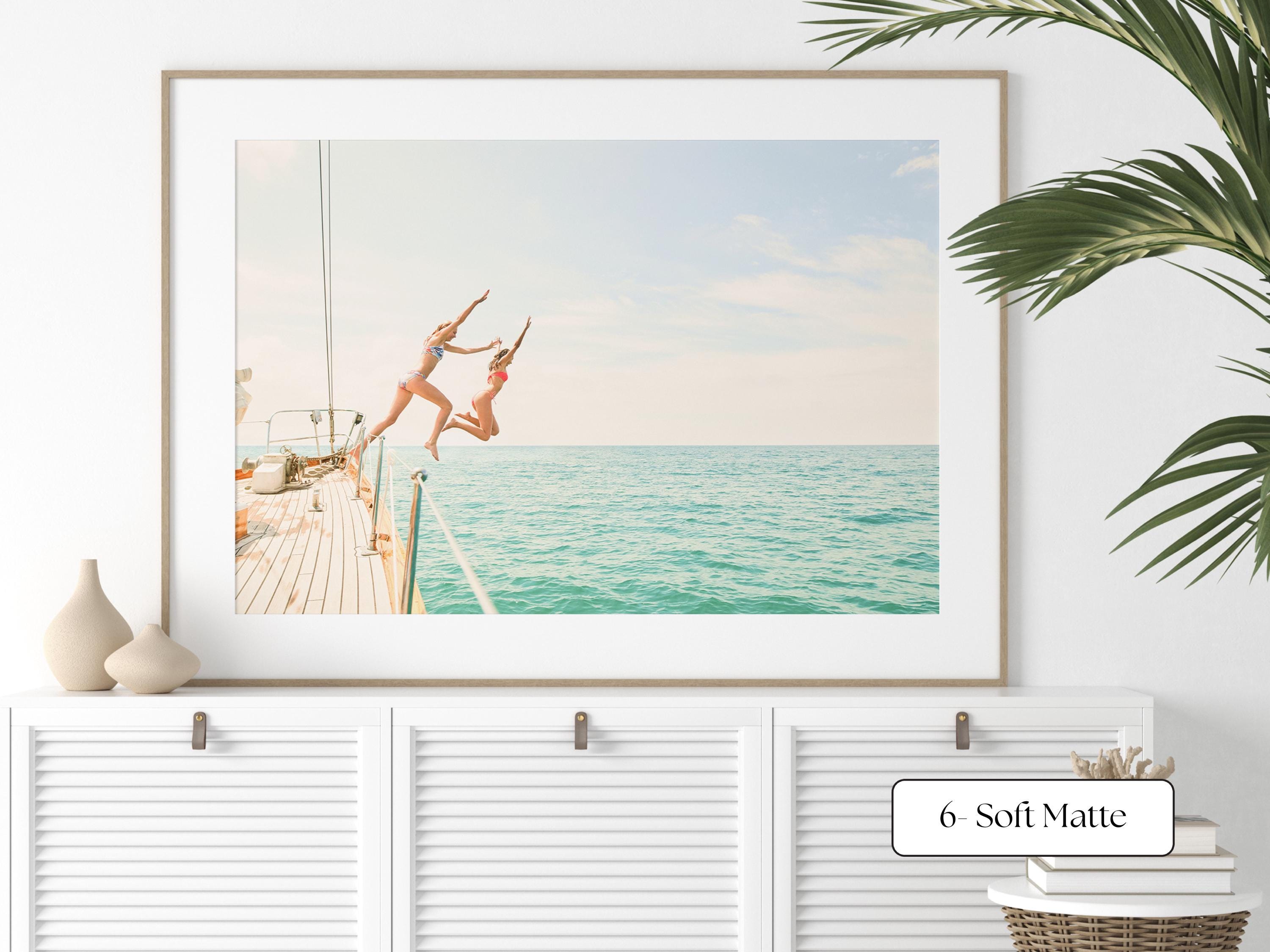 Blue Coastal Print FRAMED or UNFRAMED, Pastel Beach Wall Art, Boho Coastal Photography, Summer Ocean Poster, Girls Jumping Art Print
