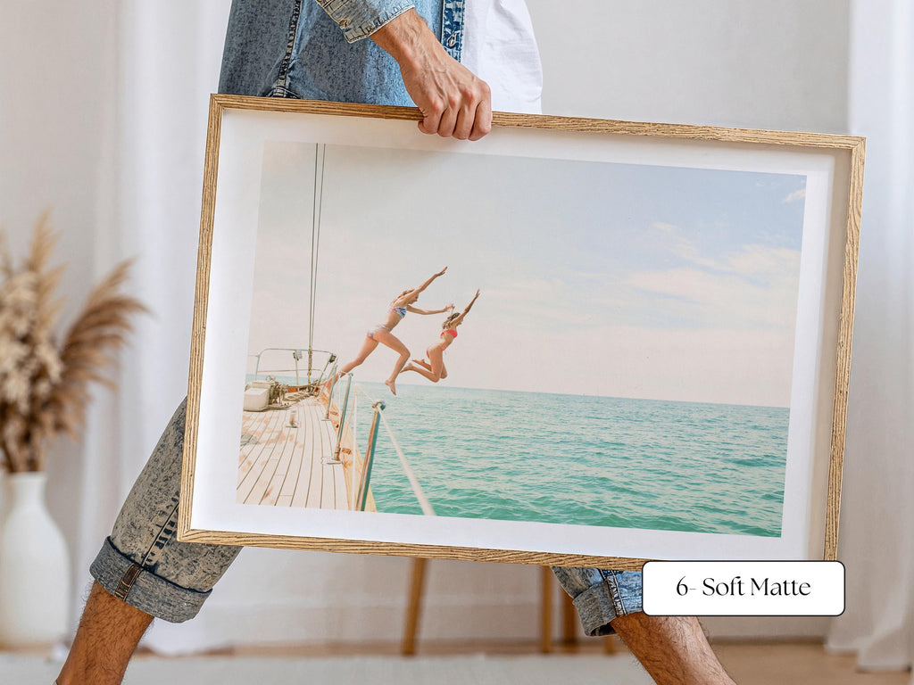 Blue Coastal Print FRAMED or UNFRAMED, Pastel Beach Wall Art, Boho Coastal Photography, Summer Ocean Poster, Girls Jumping Art Print