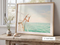 Blue Coastal Print FRAMED or UNFRAMED, Pastel Beach Wall Art, Boho Coastal Photography, Summer Ocean Poster, Girls Jumping Art Print