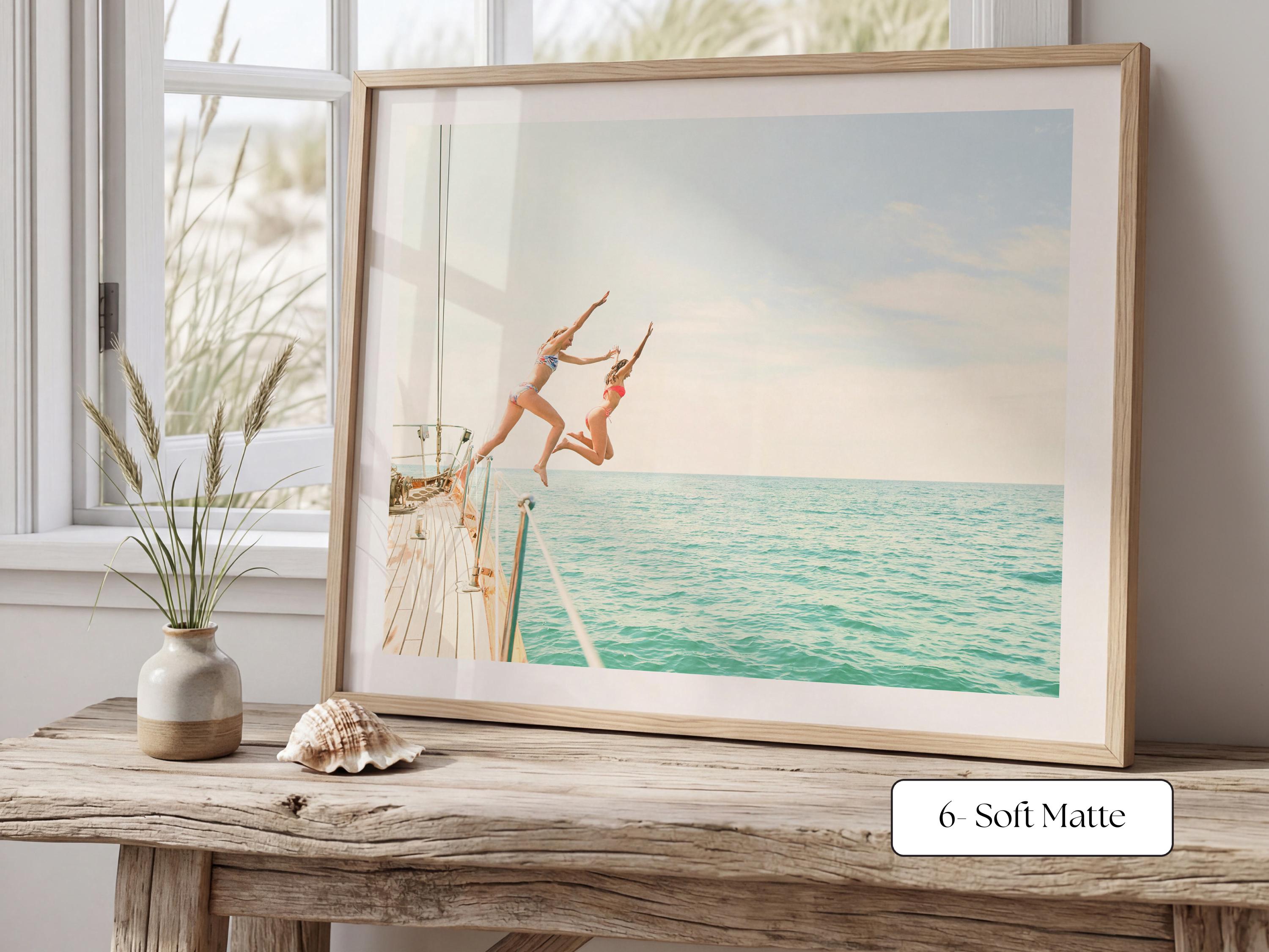 Blue Coastal Print FRAMED or UNFRAMED, Pastel Beach Wall Art, Boho Coastal Photography, Summer Ocean Poster, Girls Jumping Art Print