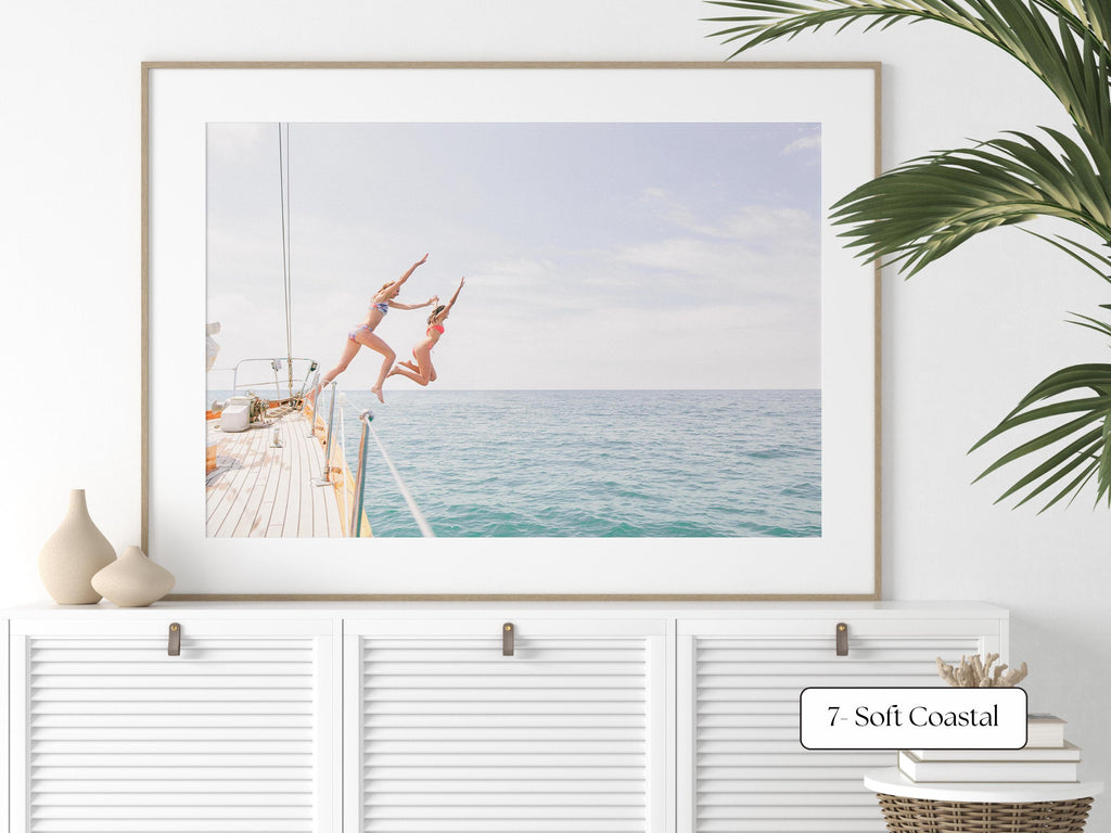 Soft Coastal Print FRAMED or UNFRAMED, Pastel Beach Wall Art, Girls Jumping Art, Coastal Ocean Poster, Girls Jumping Art Print