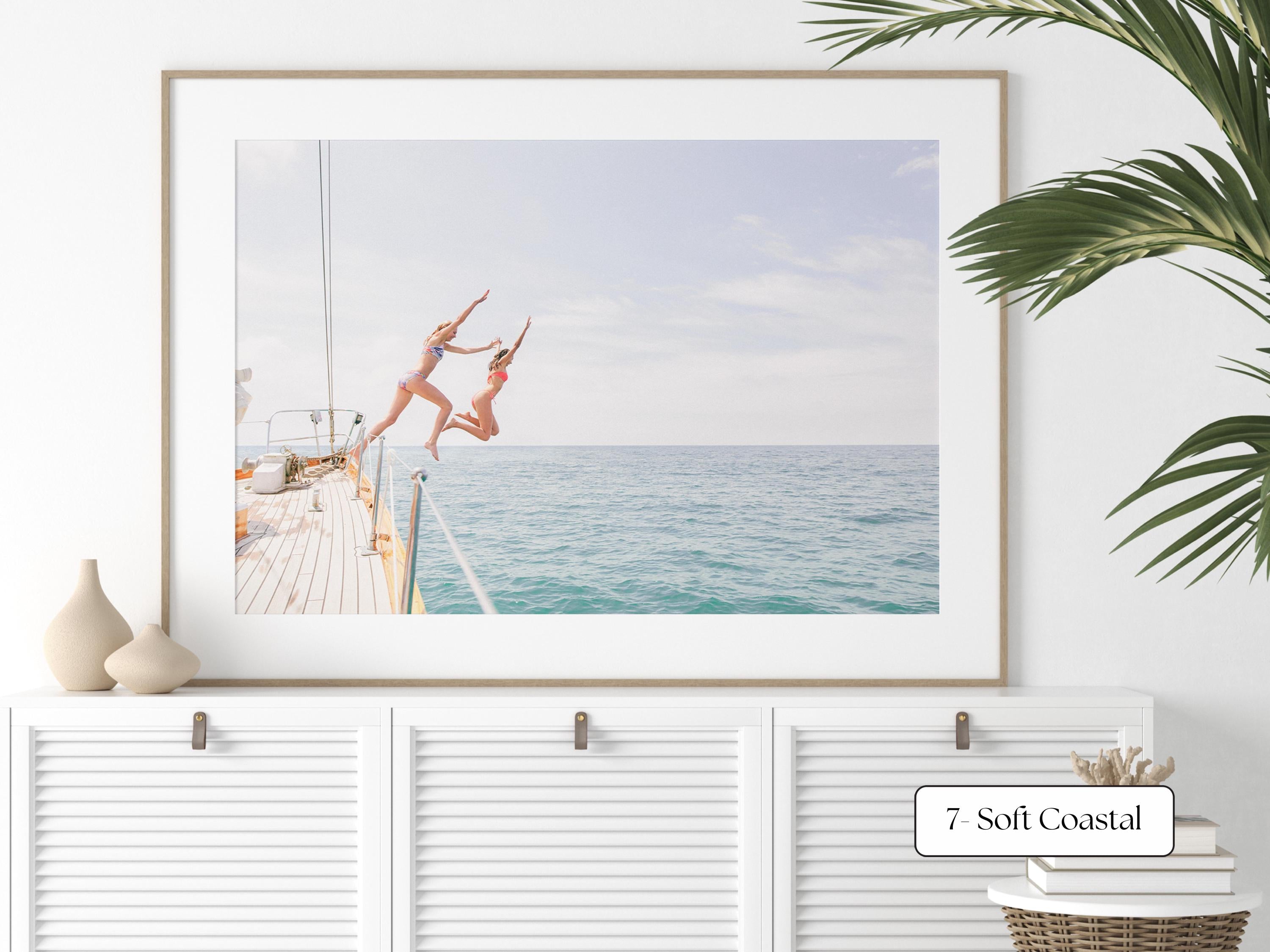 Soft Coastal Print FRAMED or UNFRAMED, Pastel Beach Wall Art, Girls Jumping Art, Coastal Ocean Poster, Girls Jumping Art Print