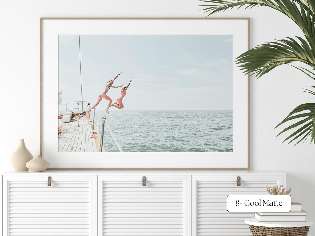 Blue Coastal Print FRAMED or UNFRAMED, Light Pastel Beach Wall Art, Boho Coastal Photography, Summer Ocean Poster, Girls Jumping Art Print