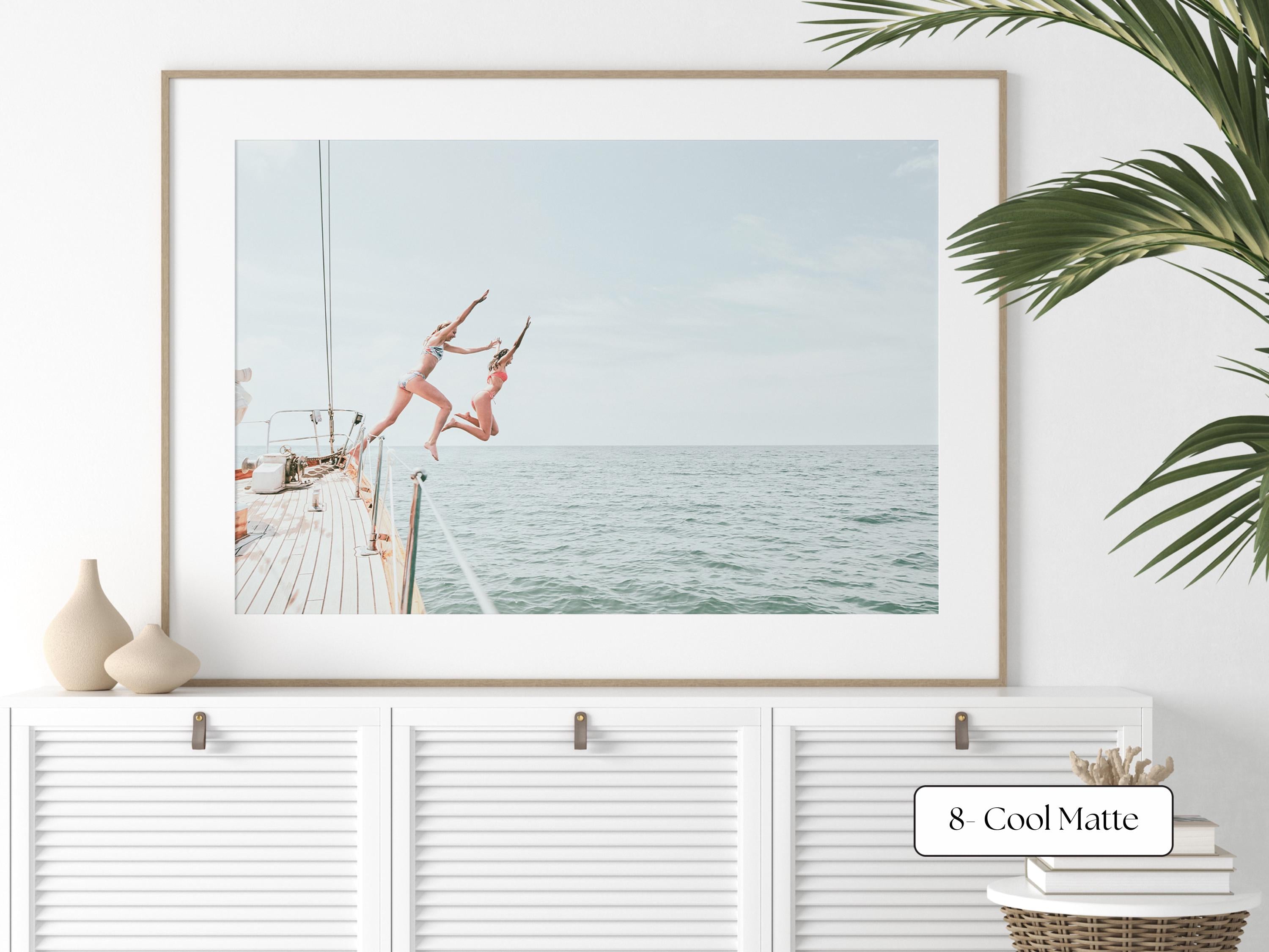 Blue Coastal Print FRAMED or UNFRAMED, Light Pastel Beach Wall Art, Boho Coastal Photography, Summer Ocean Poster, Girls Jumping Art Print