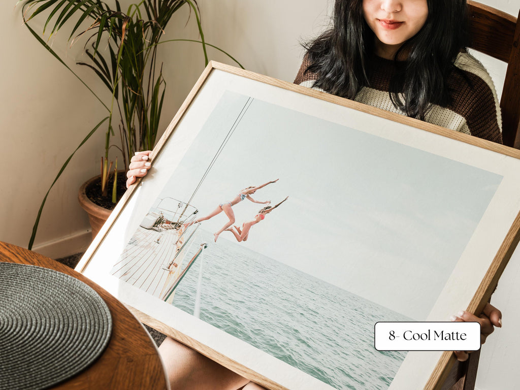 Blue Coastal Print FRAMED or UNFRAMED, Light Pastel Beach Wall Art, Boho Coastal Photography, Summer Ocean Poster, Girls Jumping Art Print