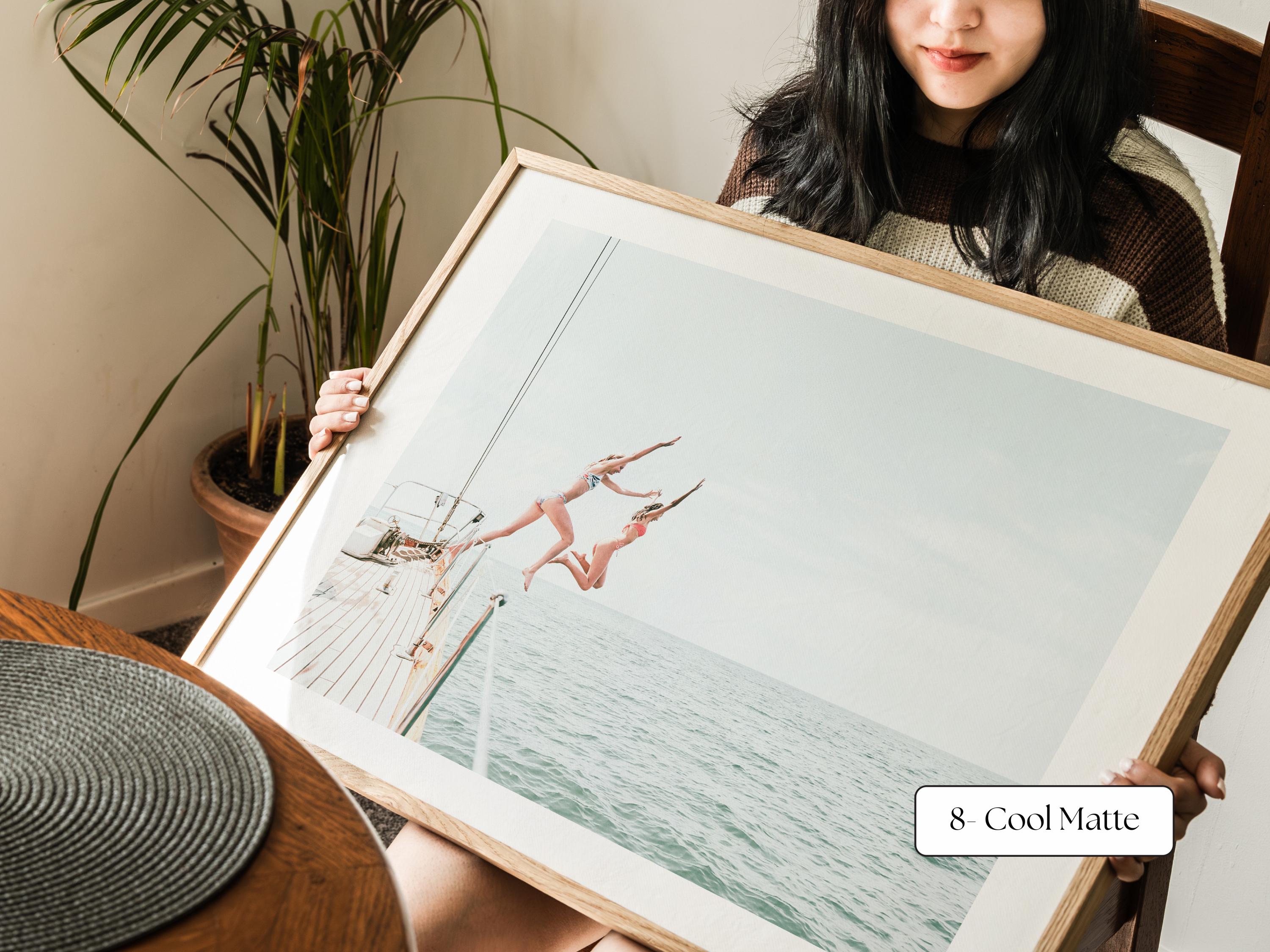 Blue Coastal Print FRAMED or UNFRAMED, Light Pastel Beach Wall Art, Boho Coastal Photography, Summer Ocean Poster, Girls Jumping Art Print