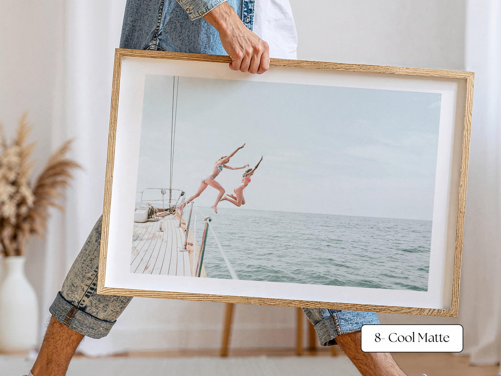 Blue Coastal Print FRAMED or UNFRAMED, Light Pastel Beach Wall Art, Boho Coastal Photography, Summer Ocean Poster, Girls Jumping Art Print