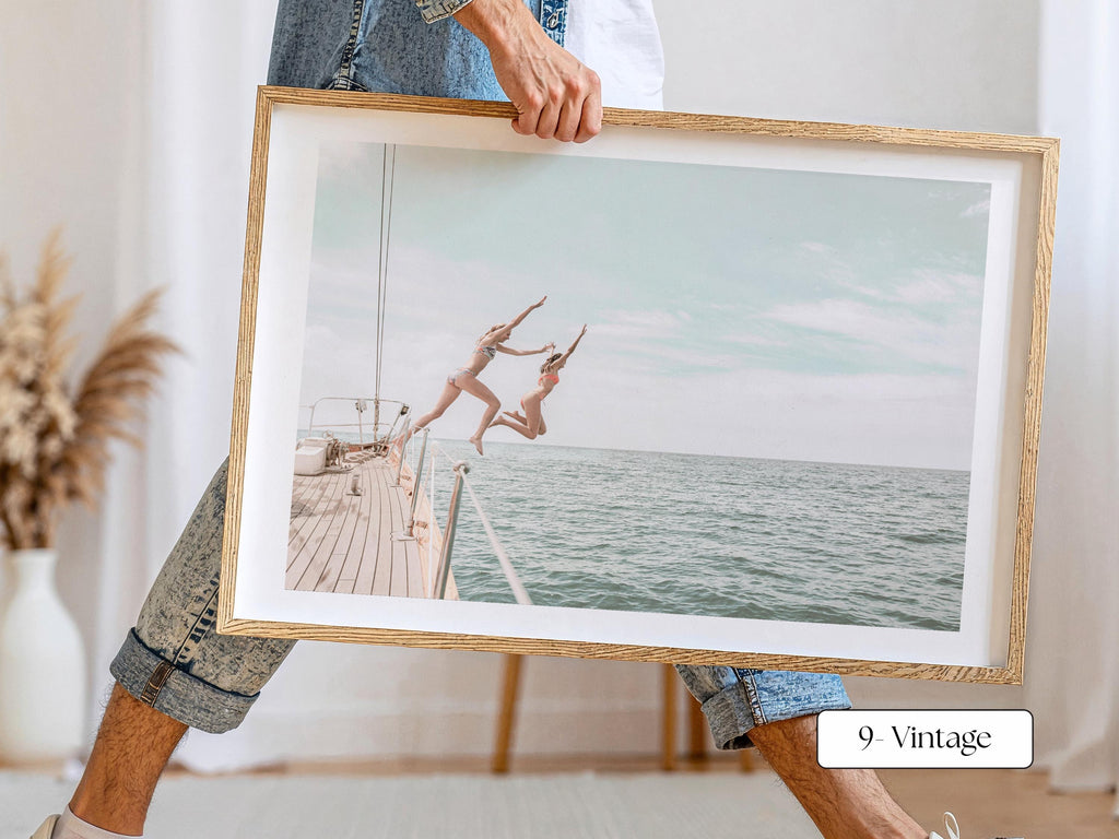 Vintage Coastal Print FRAMED or UNFRAMED, Pastel Beach Wall Art, Boho Coastal Photography, Summer Ocean Poster, Girls Jumping Art Print