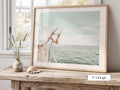Vintage Coastal Print FRAMED or UNFRAMED, Pastel Beach Wall Art, Boho Coastal Photography, Summer Ocean Poster, Girls Jumping Art Print